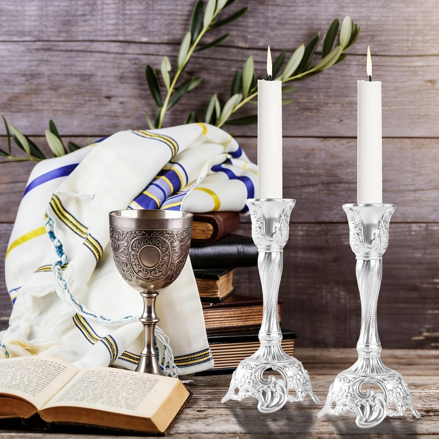 Shabbat Candles Holders Set of 2 - Silver Plated Shabbat Candlesticks, Vintage Silver Jewish Holder for Shabbos Candles, Havdalah Gifts for Holiday (Silver)