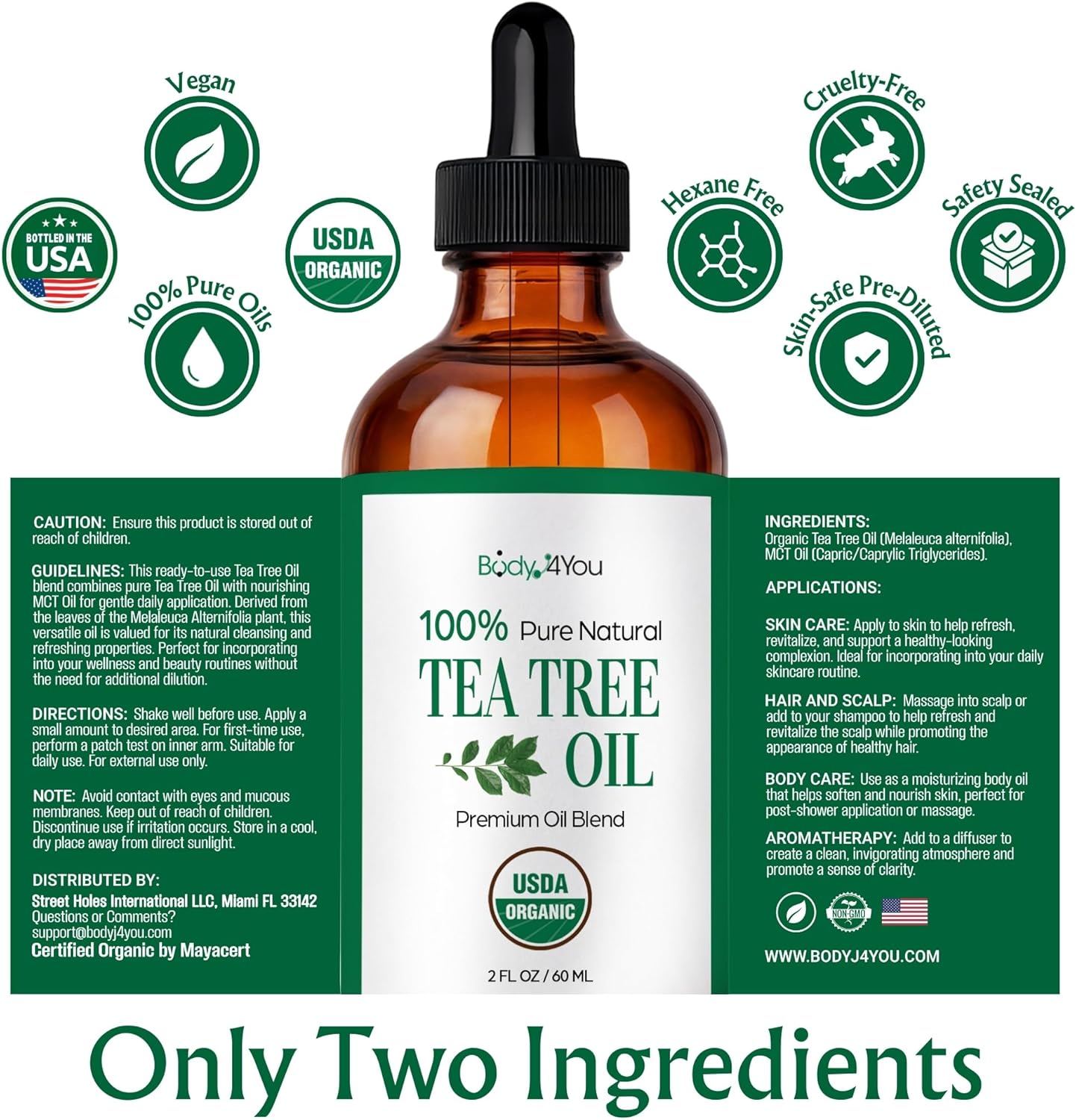 BodyJ4You Tea Tree Oil for Skin Hair - USDA Organic Essential Oils Pre-Diluted MCT - Melaleuca Face Scalp Nails Feet Toenail Cuticle - Pure Natural Topical Ready to Use Vegan Hexane Free - 2 Fl Oz
