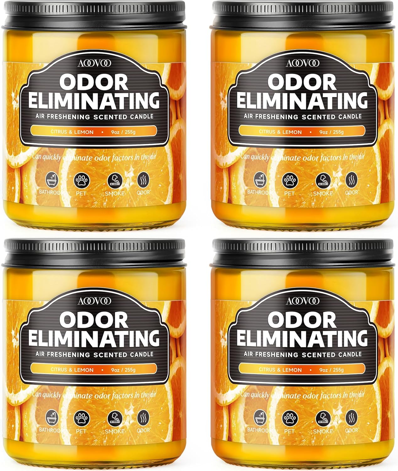 AOOVOO 4 Pack Citrus Lemon Odor Eliminating Highly Fragranced Candle Set - Eliminates 95% of Pet, Smoke, Food, and Other Smells Quickly, Non Toxic Air Freshing Soy Candle