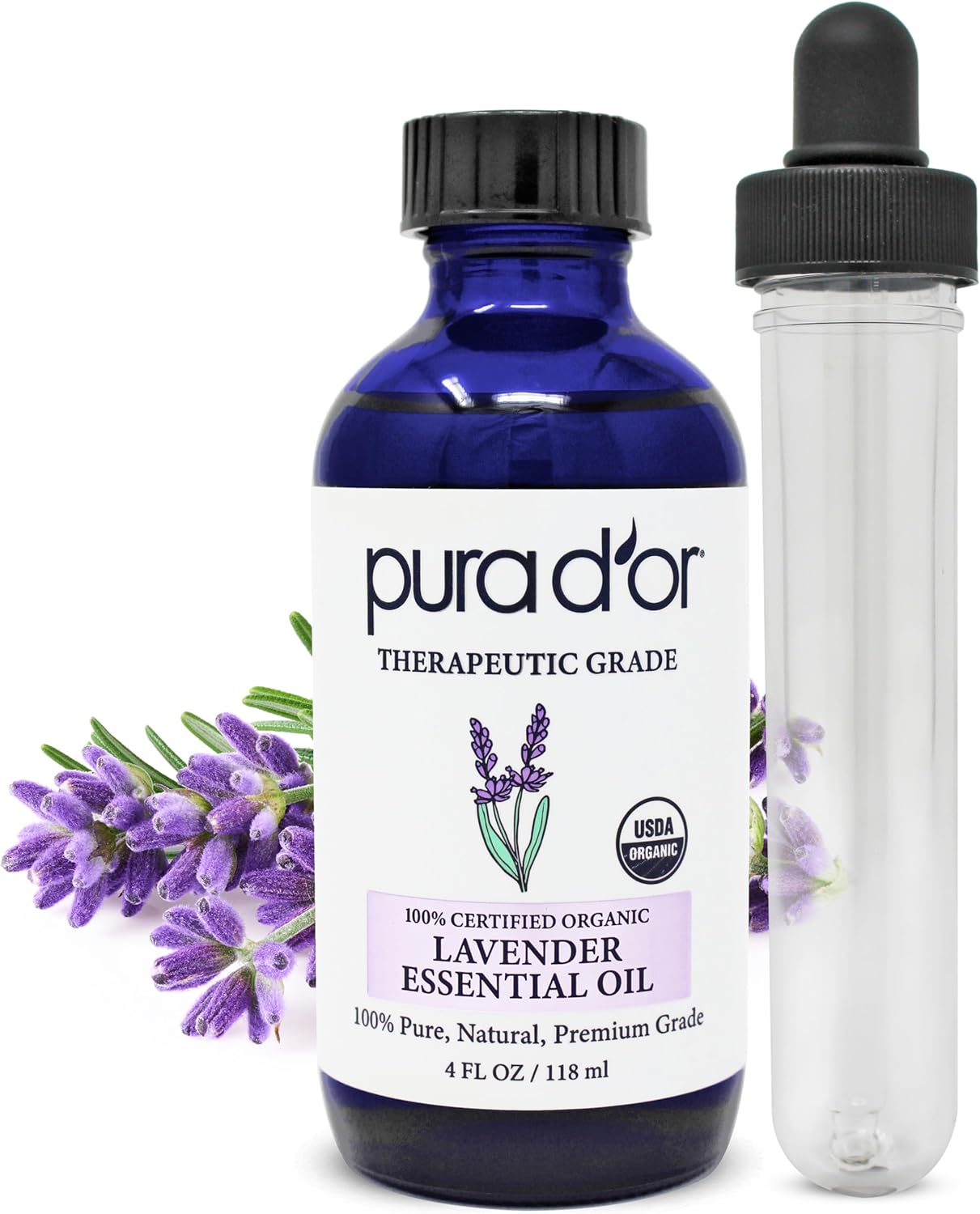 PURA D'OR Organic Lavender Essential Oil (4oz with Glass Dropper) 100% Pure & Natural Therapeutic Grade for Hair, Body, Skin, Aromatherapy Diffuser, Relaxation, Meditation, Massage, Home, DIY Soap