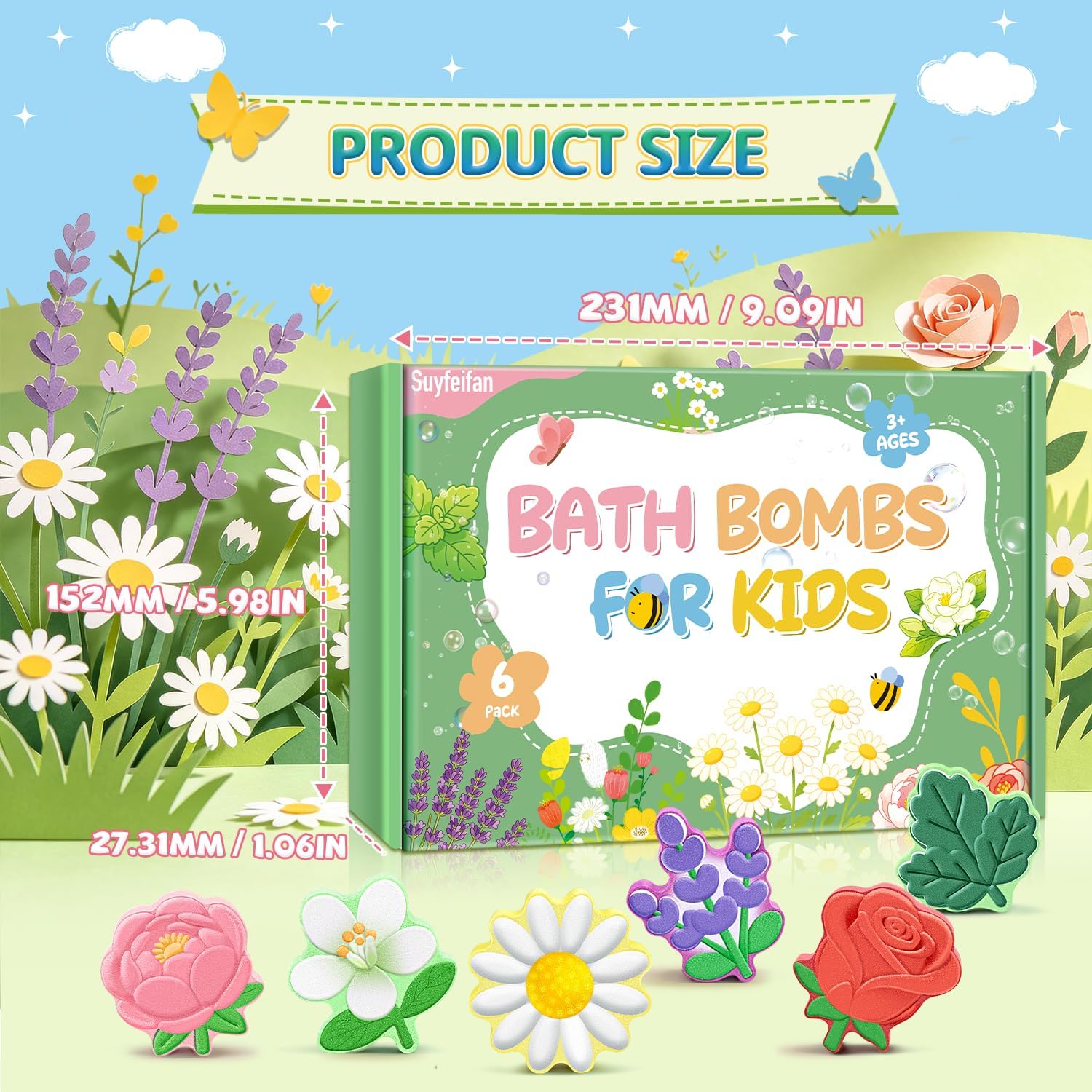 Bath Bombs for Kids Flower Shaped, STEM 6 Pack Natural Organic Handmade Fizzy Bath Bomb, for Home Bath Fun, Daily Reward & Holiday Gifts Boys Girls