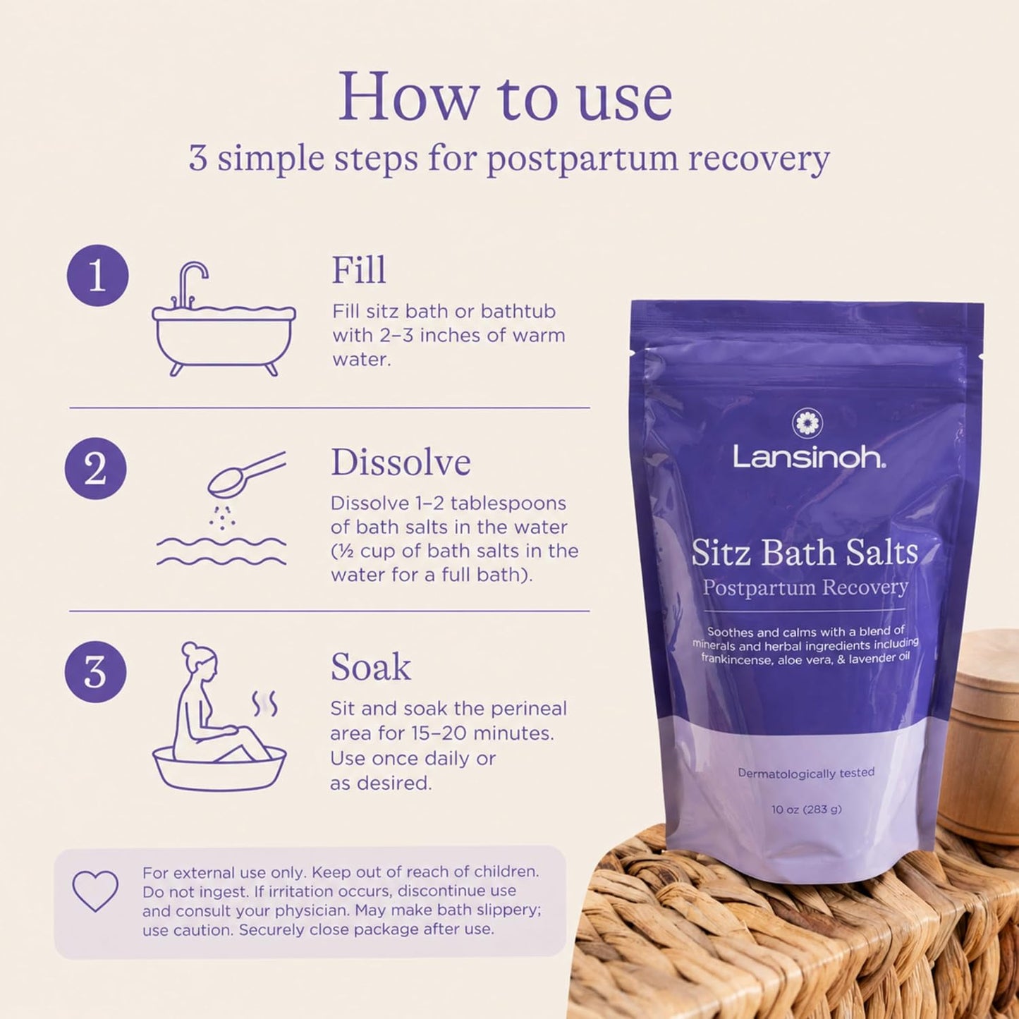 Lansinoh Sitz Bath Salts for Postpartum Care, Perineal Soak with Epsom Salt, Aloe Vera, Lavender & Frankincense Oil, 10 Ounces