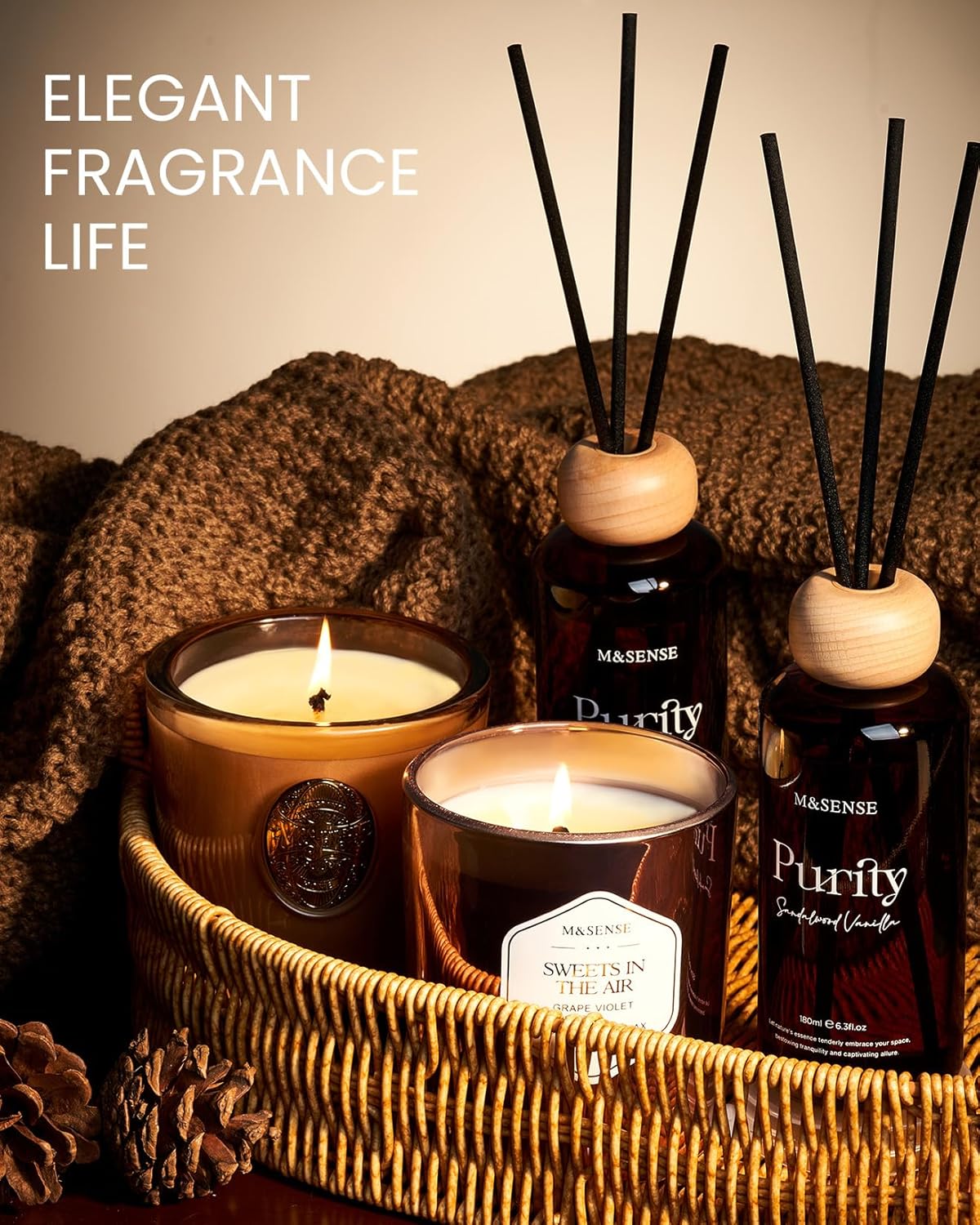 M&SENSE Lavender Eucalyptus Reed Diffuser: 6.3 fl oz Non-Toxic Aroma Set with Sticks, Light & Subtle Fragrance, Long-Lasting Natural Essential Oil Gifts for Bedroom, Shelf Decor & Small Spaces
