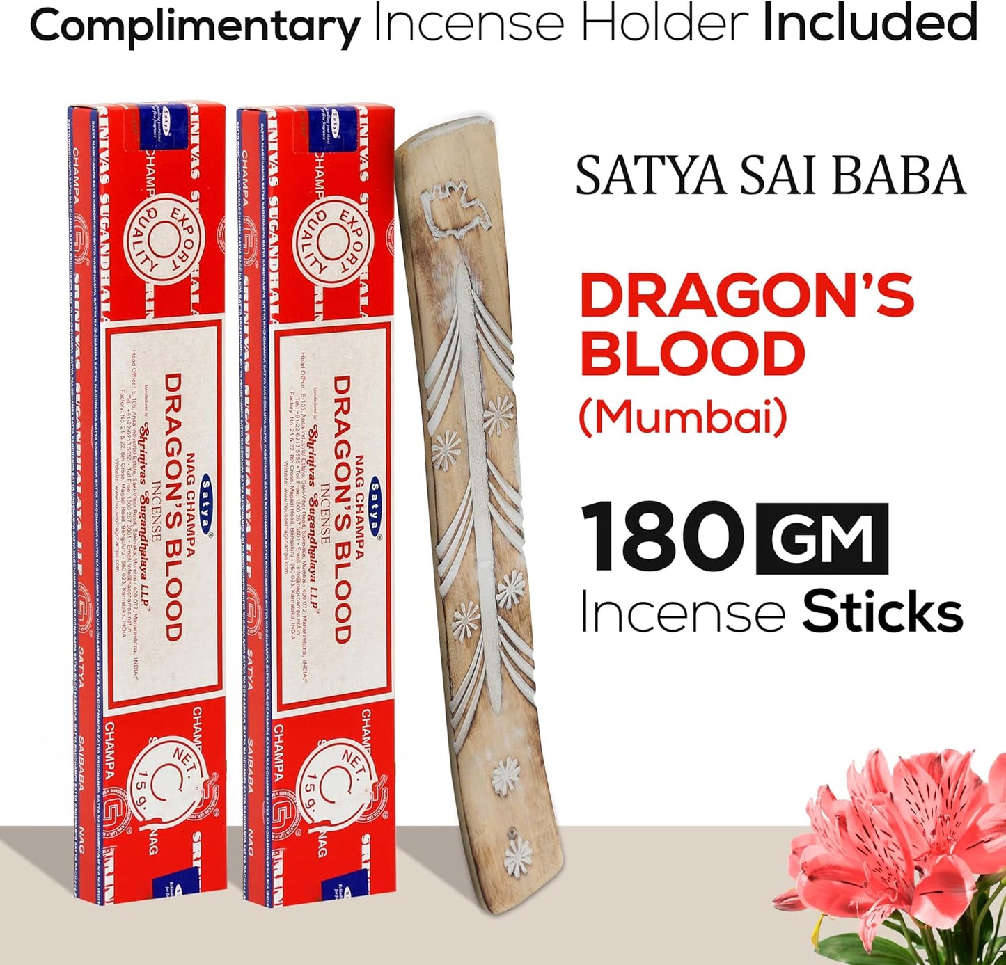Satya Dragon Blood Incense Sticks 180 gm (15GM X 12 Pack) from Satya Sai Baba Nag Champa and Raajsee Incense Sticks Holder Bundle, Free from Chemicals,Natural Insenses