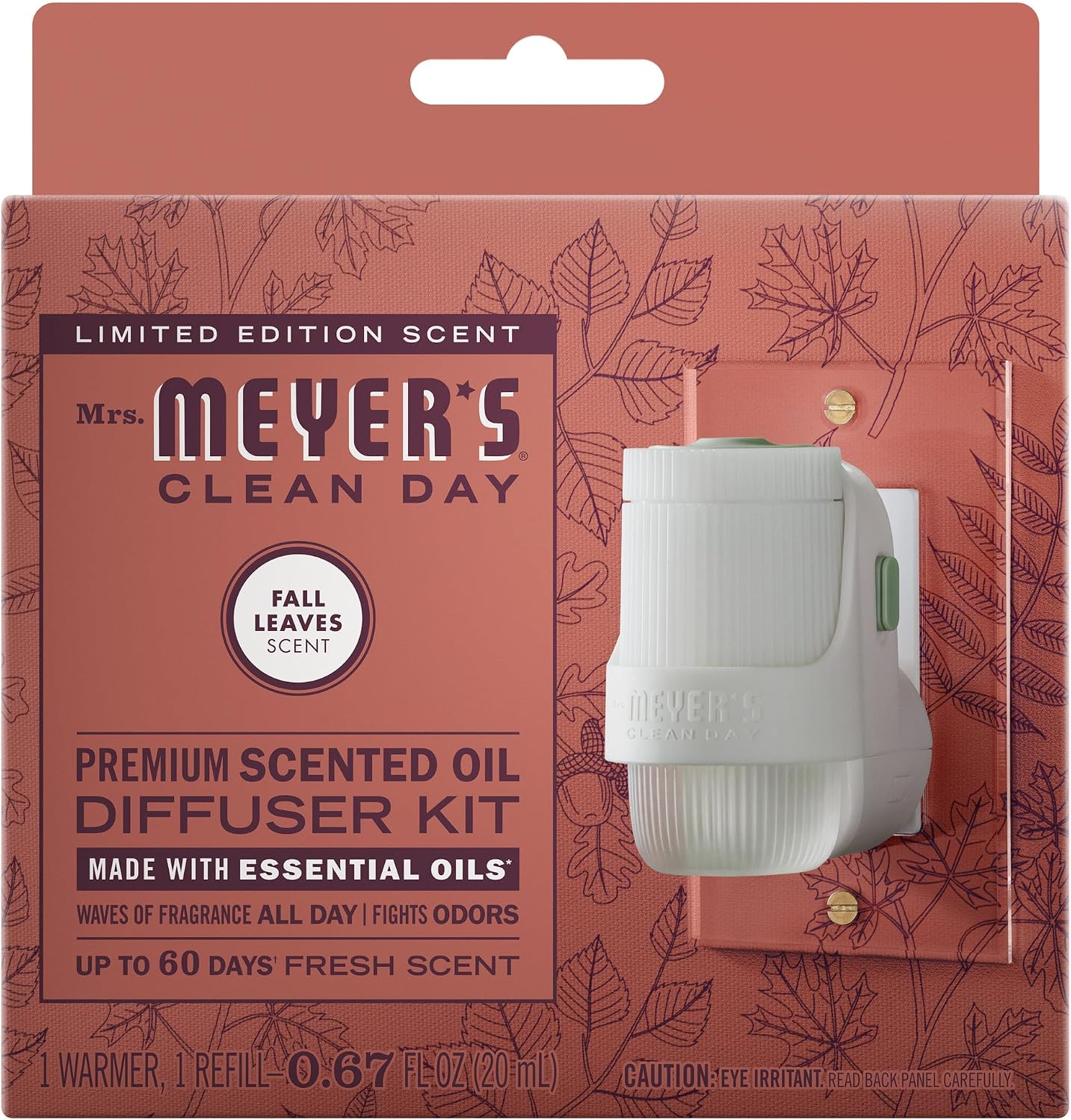 Mrs. Meyer's Clean Day Premium Scented Oil Plug-In, Diffuser & Air Freshener Kit, Fall Leaves, 1 warmer and .67 fl oz refill