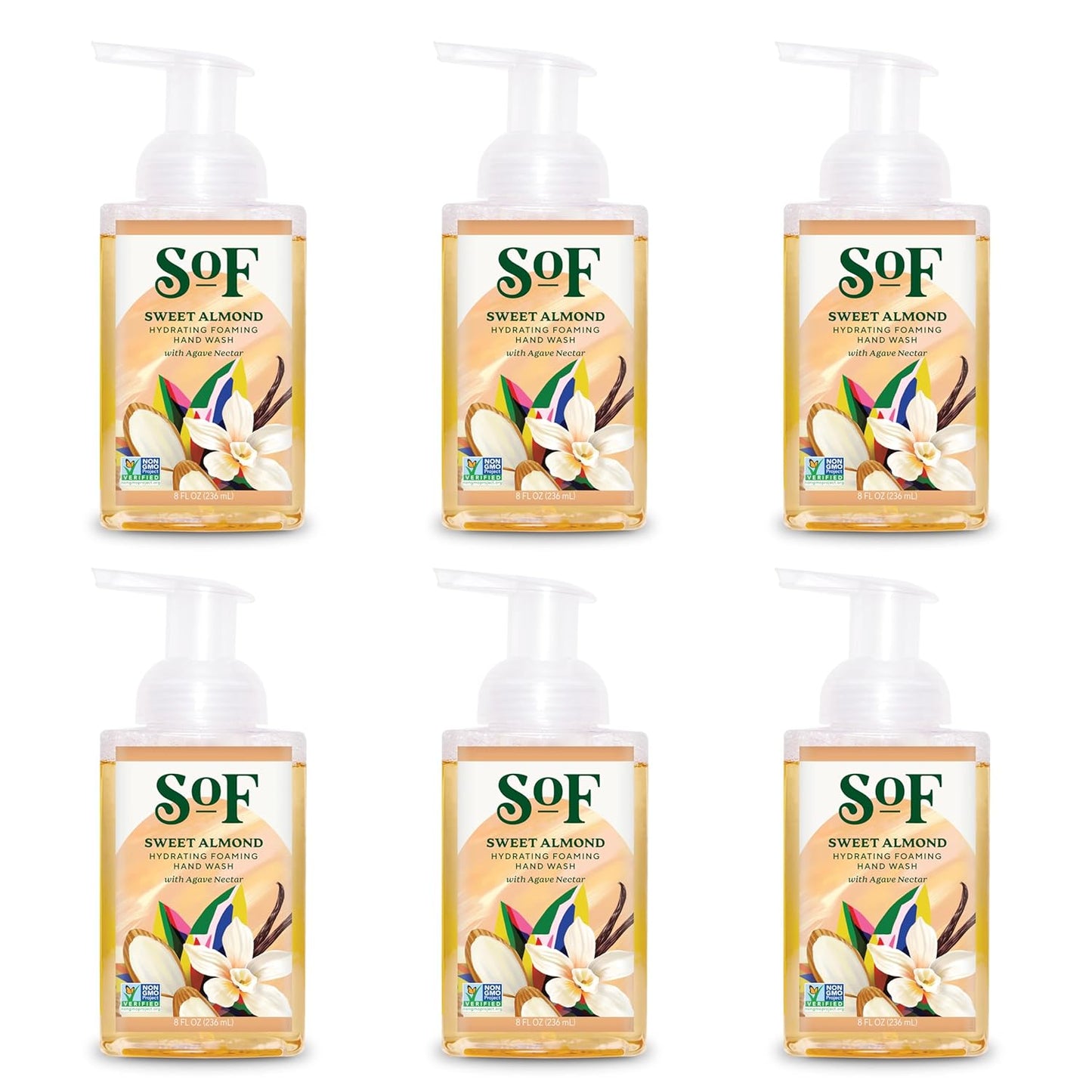 South Of France SoF Hydrating Foaming Hand Wash - With Organic Agave Nectar & Coconut Oil- Vegan & Non GMO- Free From Phthalates, Sulfates & Parabens- Sweet Almond - 8 oz Bottle 6 Pack
