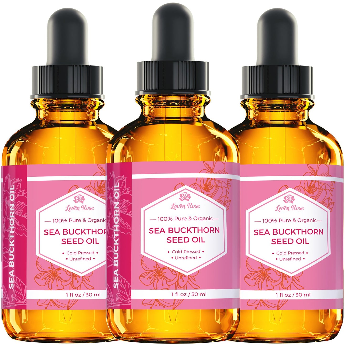 Leven Rose Sea Buckthorn Seed Oil 100% Pure Organic Unrefined Cold Pressed for Hair Skin and Nails - 1 oz