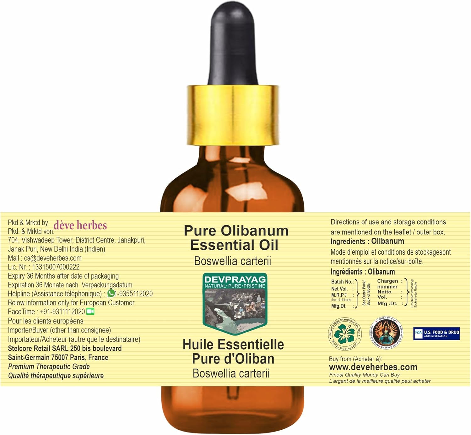 Pure Olibanum Essential Oil (Boswellia carterii) with Glass Dropper Steam Distilled 30ml (1 oz)