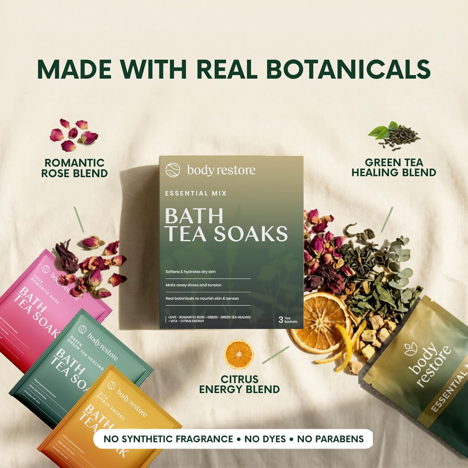 Body Restore Bath Tea Soaks Gift Set – Spa Gifts for Women, Mom, Wife & Self Care Lovers – Relaxing Botanical Bath Sachets for Stress Relief & Hydrated Skin – Essential Mix (3 Pack)