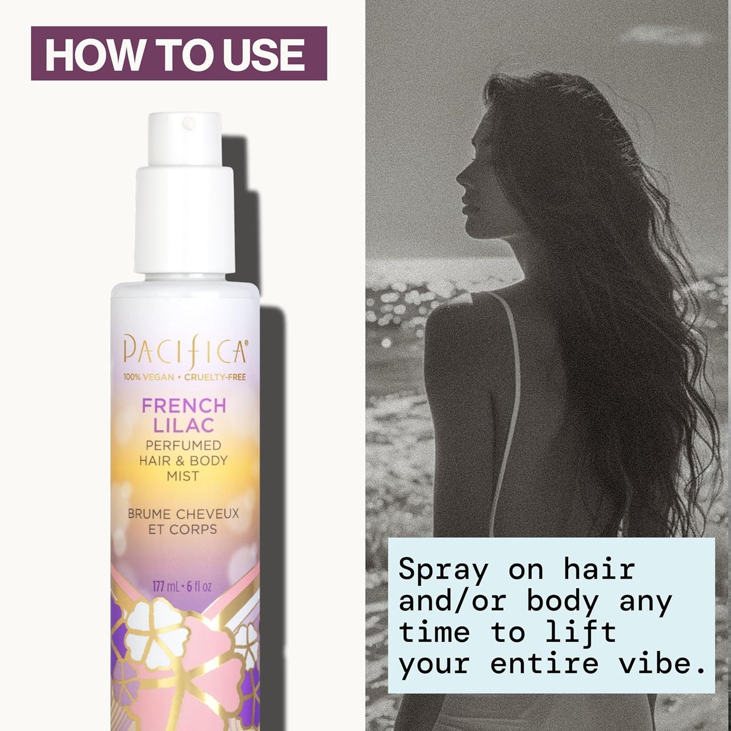 Pacifica French Lilac Hair & Body Mist – Clean Vegan Floral Hair Perfume Spray for Women, Fresh-Cut Lilac, Magnolia & Heliotrope Notes, Alcohol-Free Head-to-Toe Fragrance, Cruelty-Free, 6 Fl Oz