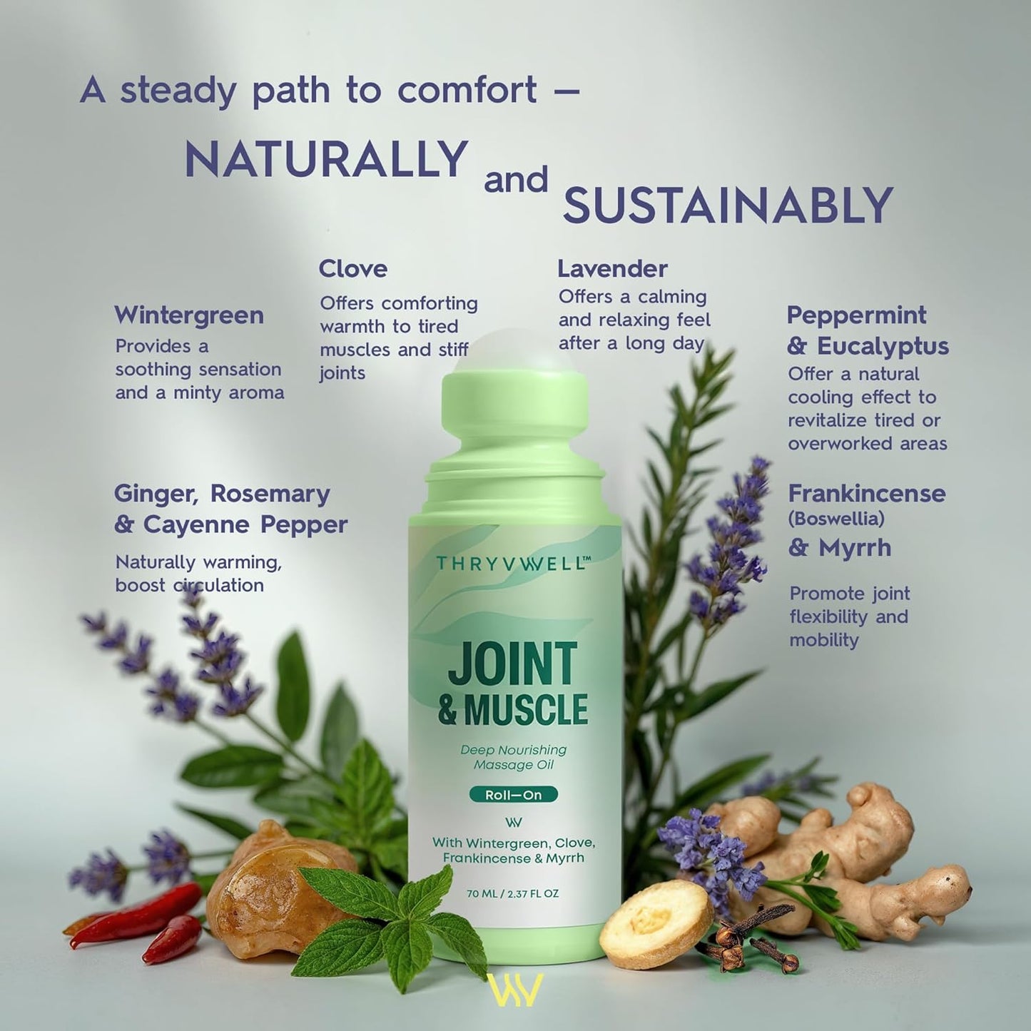 Joint & Muscle Roll-On Oil –70ml - 100% Natural Essential Oil Blend with Wintergreen, Peppermint, Frankincense, Myrrh, Clove & Lavender – Portable 2.37 oz Travel Size