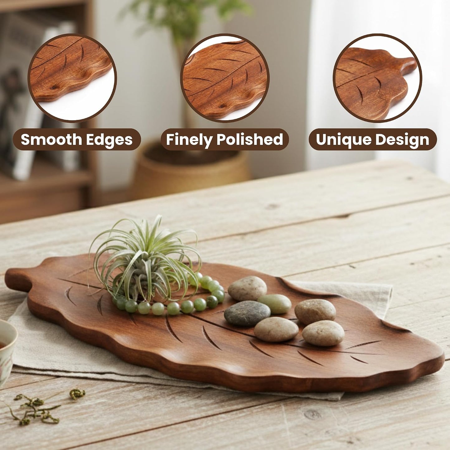 Acacia Wood Leaf Tray - 14" Decorative Tray for Candles, Perfume, Leaf Wooden Jewelry Tray Trinket Dish - Farmhouse Table Centerpiece - Wooden Trays for Coffee Table Wedding Home Decor