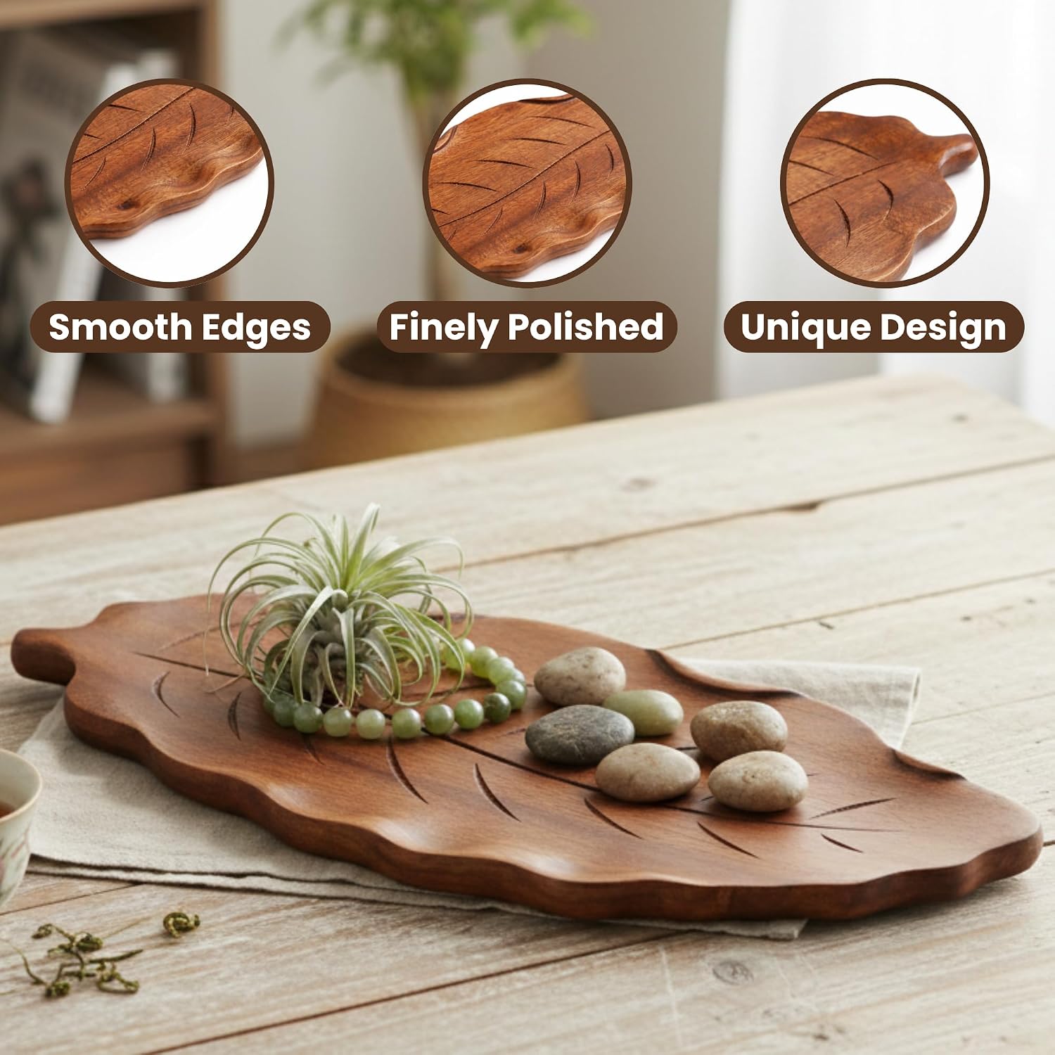 Acacia Wood Leaf Tray - 14" Decorative Tray for Candles, Perfume, Leaf Wooden Jewelry Tray Trinket Dish - Farmhouse Table Centerpiece - Wooden Trays for Coffee Table Wedding Home Decor