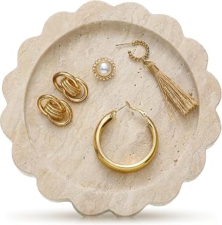 Threehoney 5.5 Inch Small Travertine Stone Tray Marble Jewelry Dish Trinket Tray for Women, Perfume, Coffee Table(Round,Scallop)