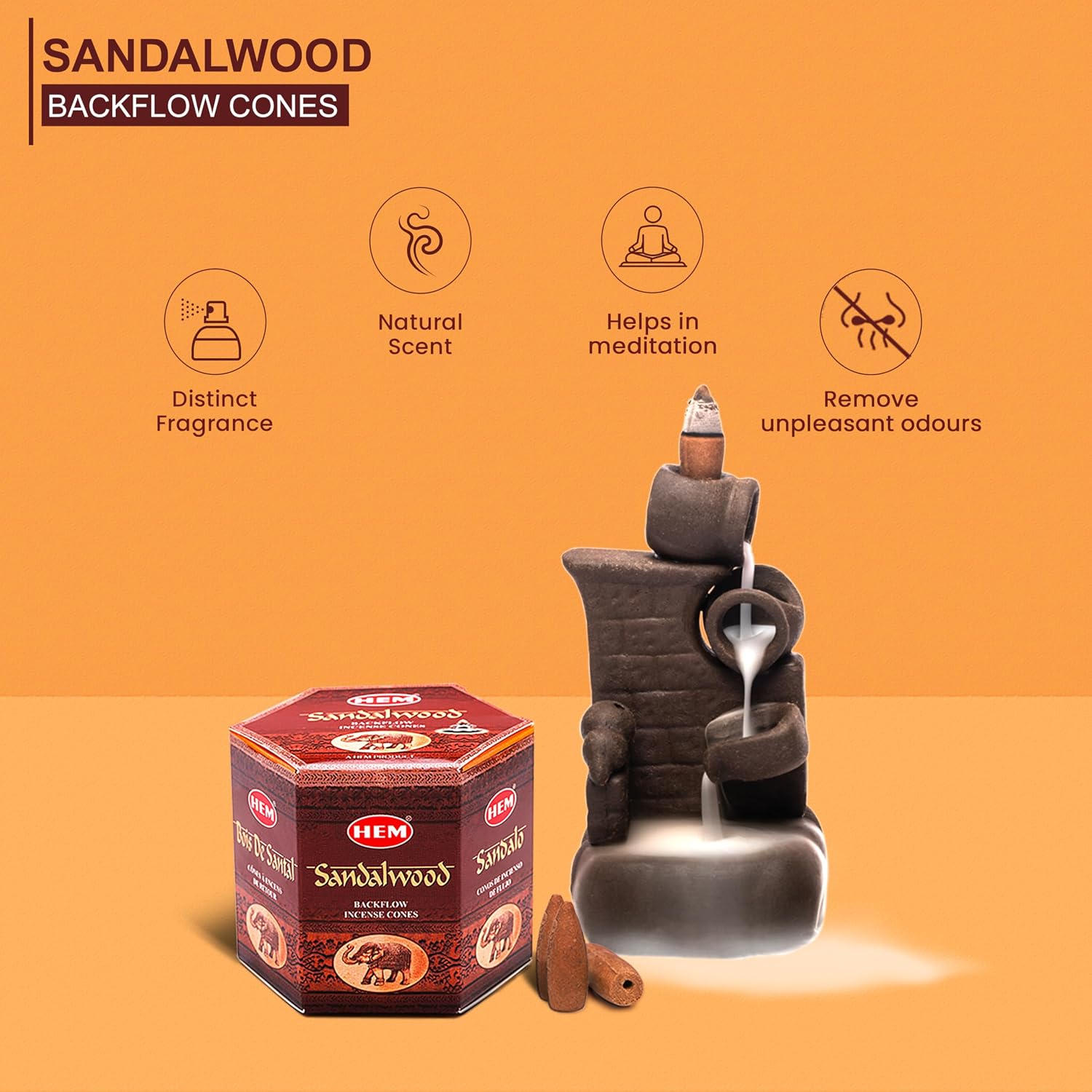HEM Sandalwood Backflow Incense Cones – Pack of 40 Brown Cones | Long-Lasting Natural Aroma for Positivity, Cleansing & Relaxation | Wood Powder Aromatherapy for Stress Relief & Air Purification