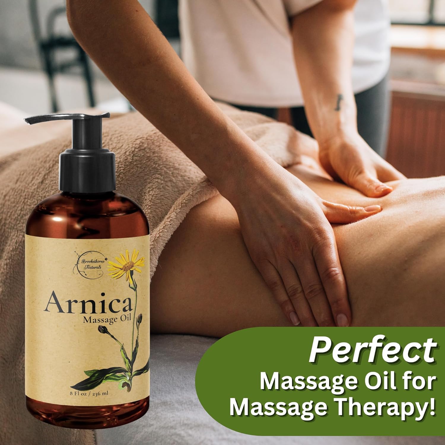 Brookethorne Naturals Arnica Massage Oil for Massage Therapy — Ideal for Athletic & Post Workout | Arnica Montana, Sweet Almond, Jojoba & Essential Oils | Botanical Formula for Active Lifestyles — 8oz