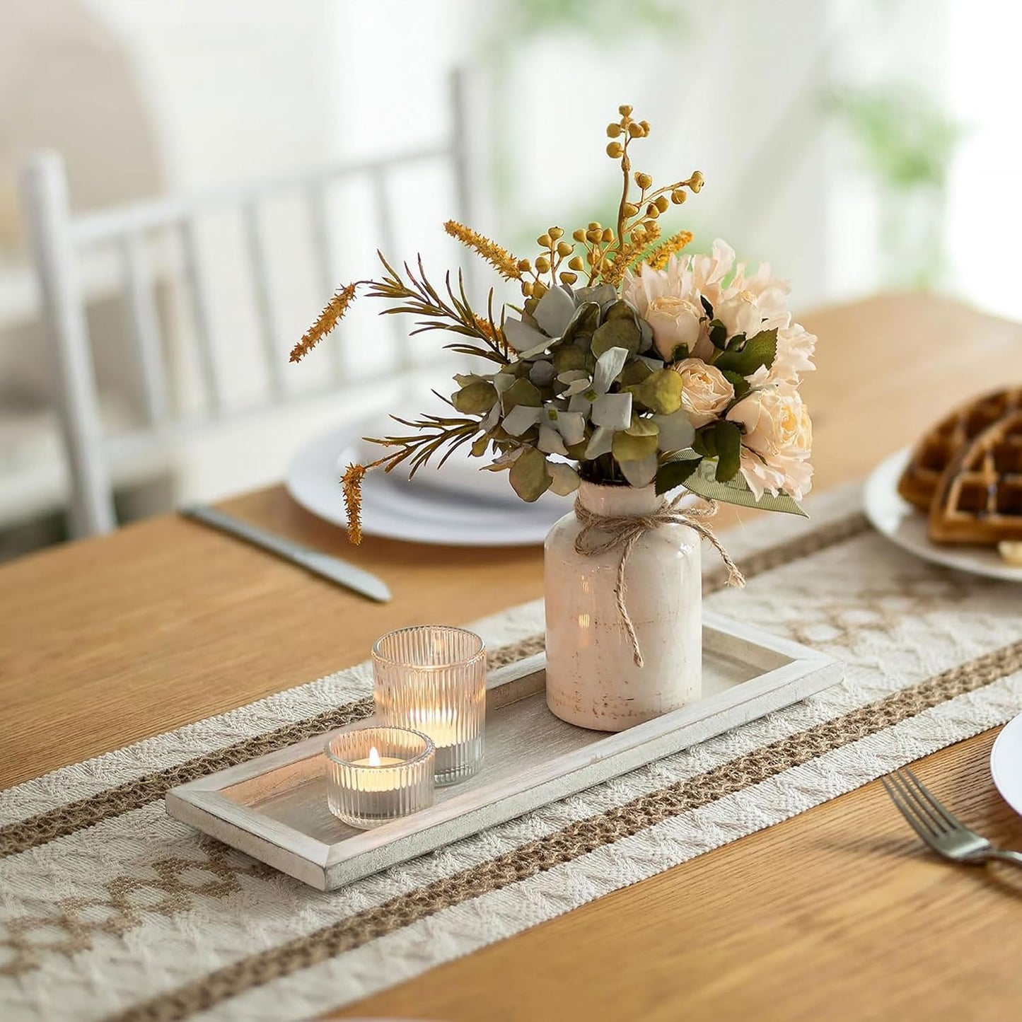 Hanobe Candle Tray Decorative Rectangle: Rustic Long Narrow Farmhouse Centerpiece Trays Whitewashed Wood Candles Holder Plate for Kitchen Coffee Table Dining Room Home Decor