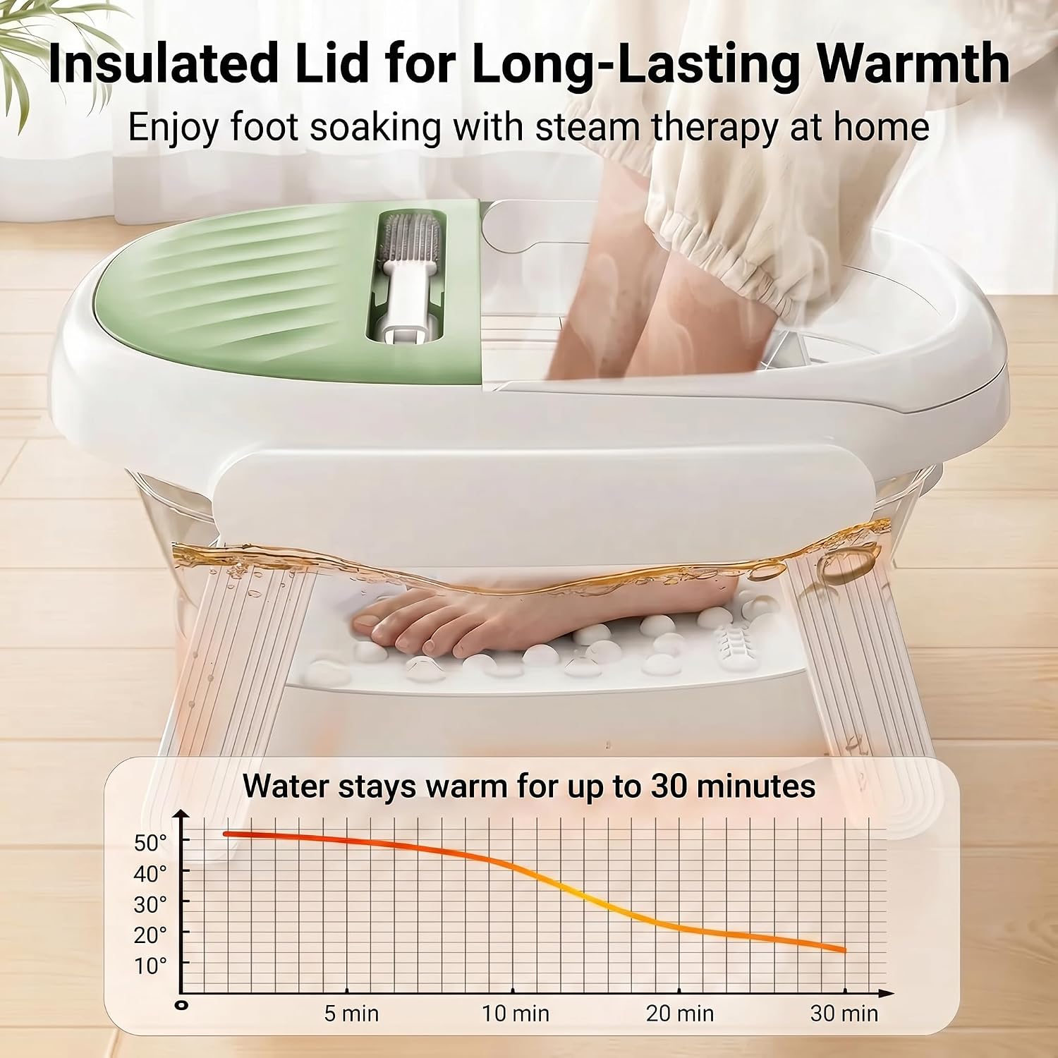 Collapsible Foot Bath Tub with Long Handle Foot Brush, Foldable Foot Soaking Tub with Insulated Lid & Sturdy Support Frame, Pedicure Foot Spa Basin for Men Women Home Travel (Green)