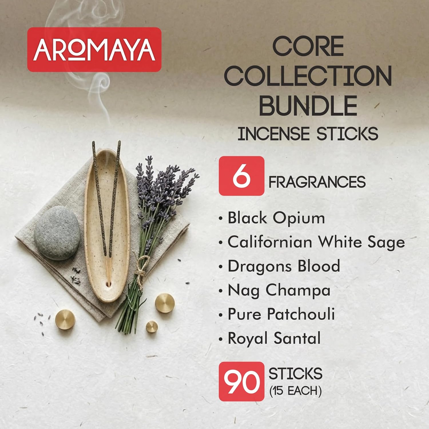 Masala Incense Sticks with Natural Wood Chips | Hand Rolled Bundle | 6-Box Gift Set with 90 Sticks | Aromatherapy for Home, Meditation & Yoga | Core Collection