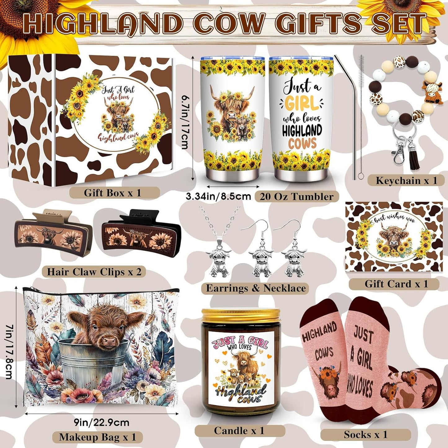 Highland Cow Gifts Set for Women, Highland Cow Themed Stuff Set with 20 Oz Tumbler Makeup Bag Candle Socks Hair Claw Clips Keychain Earrings Necklace for Highland Cow Lover Birthday Christmas Gifts
