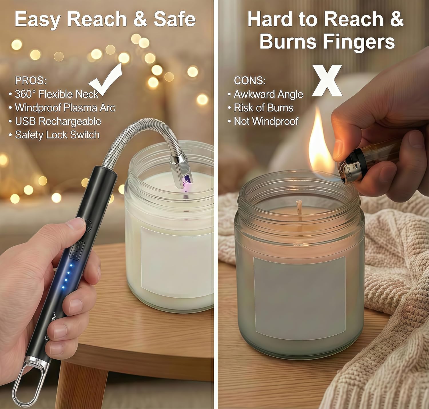 Castelar Electric Candle Lighter with Long Flexible Neck, USB Rechargeable Arc Lighter with Safety Lock for Candle, BBQ, Camping, Housewarming, and Birthday Gifts