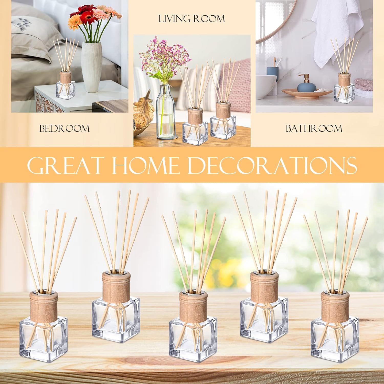 Roshtia 2 Set Reed Diffuser Bottle Empty Refillable Fragrance Glass Diffuser Bottles with Wooden Caps Rattan Sticks 50ml 1.7 oz Square Glass Jars for DIY Fragrance
