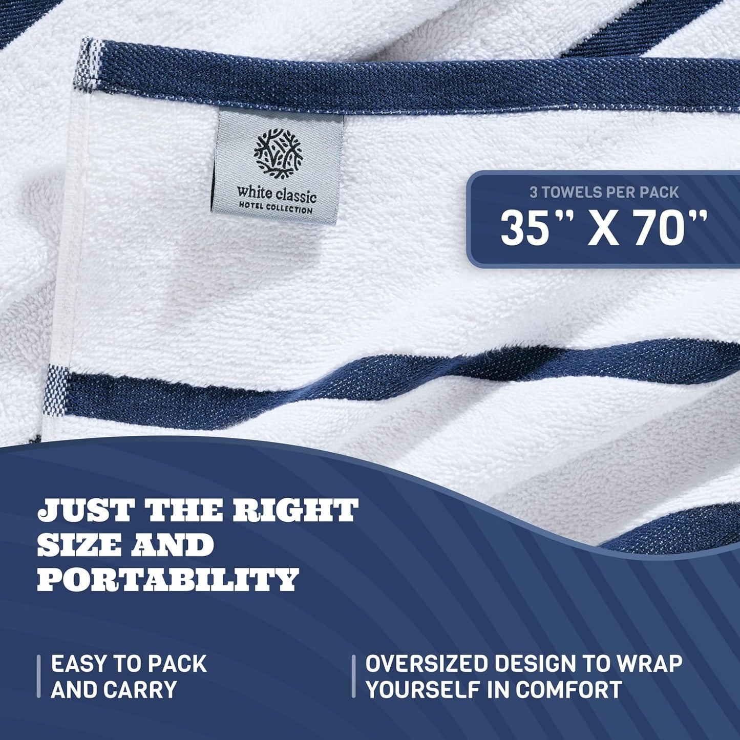White Classic Cotton Pool Towels Oversized 35 x 70 Inches, Ultra Absorbent and Low Lint Striped Beach Towels for Adults, Stripes Design Luxury Extra Large Bath Towels, Navy Blue, 3 Pack