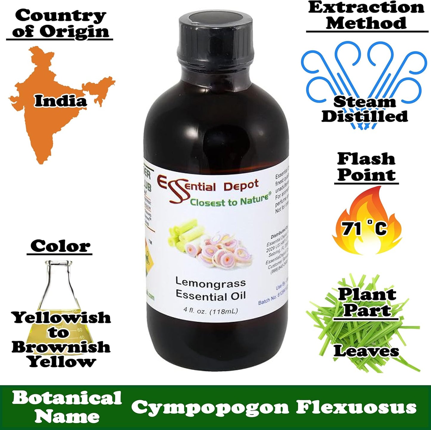 Essential Depot Lemongrass Essential Oil - GC/MS Tested - Supplied in 4 oz. Amber Glass Bottle with Black Phenolic Cone Lined and Safety Sealed Cap