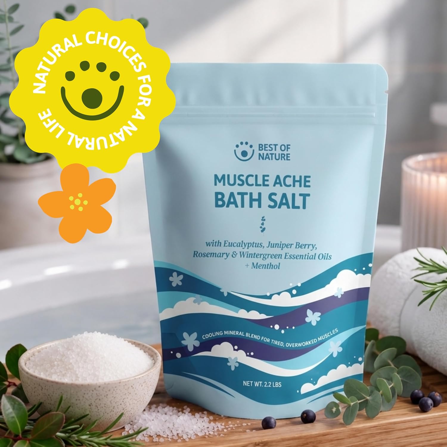 Best of Nature Muscle Ache Epsom Salt Bath Soak with Eucalyptus, Rosemary, Wintergreen & Menthol, Mineral-Rich Bath Salts, Bulk Pail, 24 lb