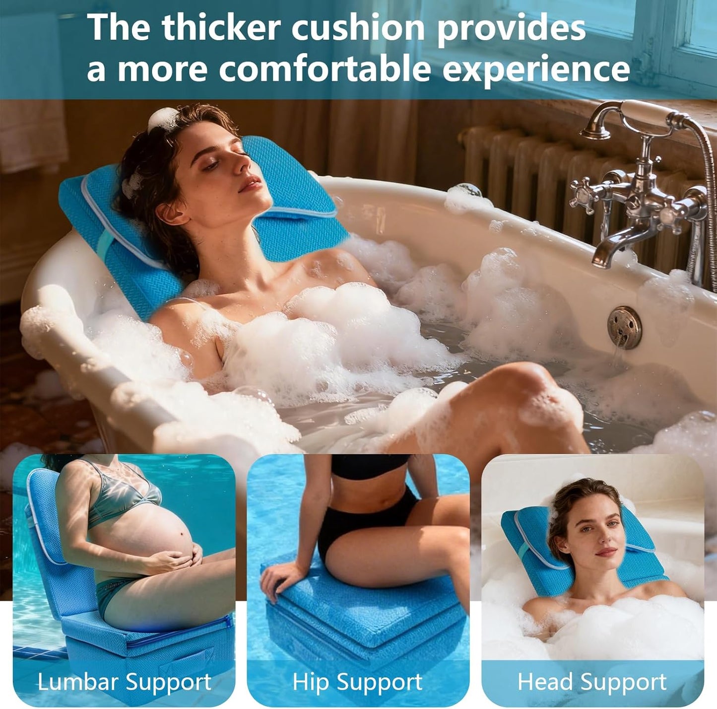 Hot Tub Booster Seat for Adults,Adjustable 3 Heights up to 8.7", Backrest and Removable Bath Pillow,Thickened Bathtub Cushion，3D Air Mesh Hot Tub Accessories，Full Body Support for Back Pain Relief.