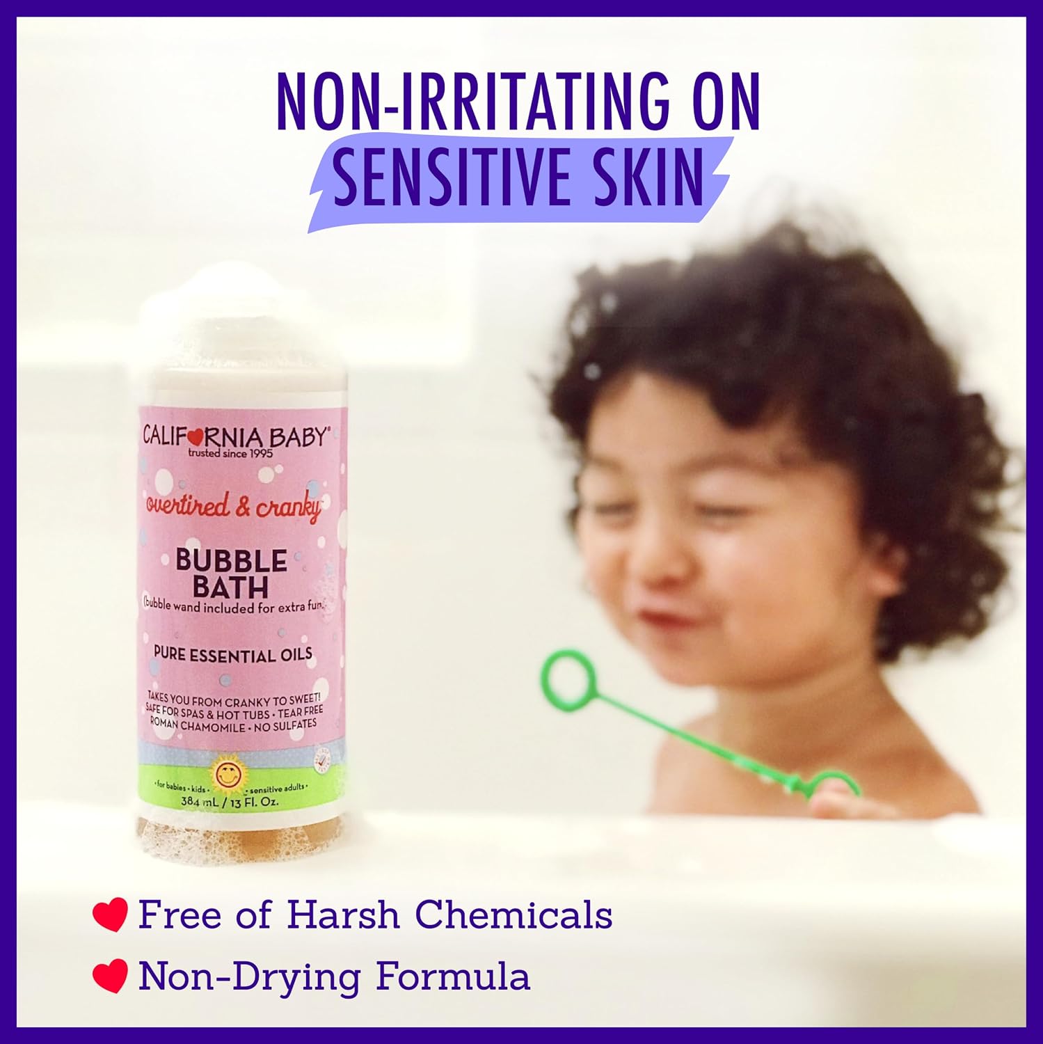 California Baby Overtired & Cranky Bubble Bath | 100% Plant-Based Kids Bubble Bath | Uplifting Scent | Baby Bubble Bath + Bubble Wand | 384 mL / 13oz