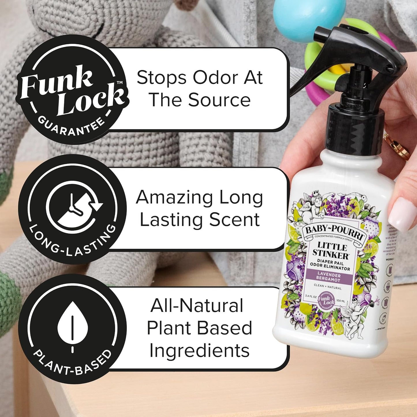 Baby-Pourri Little Stinker Diaper Pail Deodorizer Spray, 3.4 Fl Oz, Up to 150 Uses, Odor Freshener with Essential Oils, Nursery Essentials, Lavender, Bergamot, Eucalyptus & Vanilla Scent