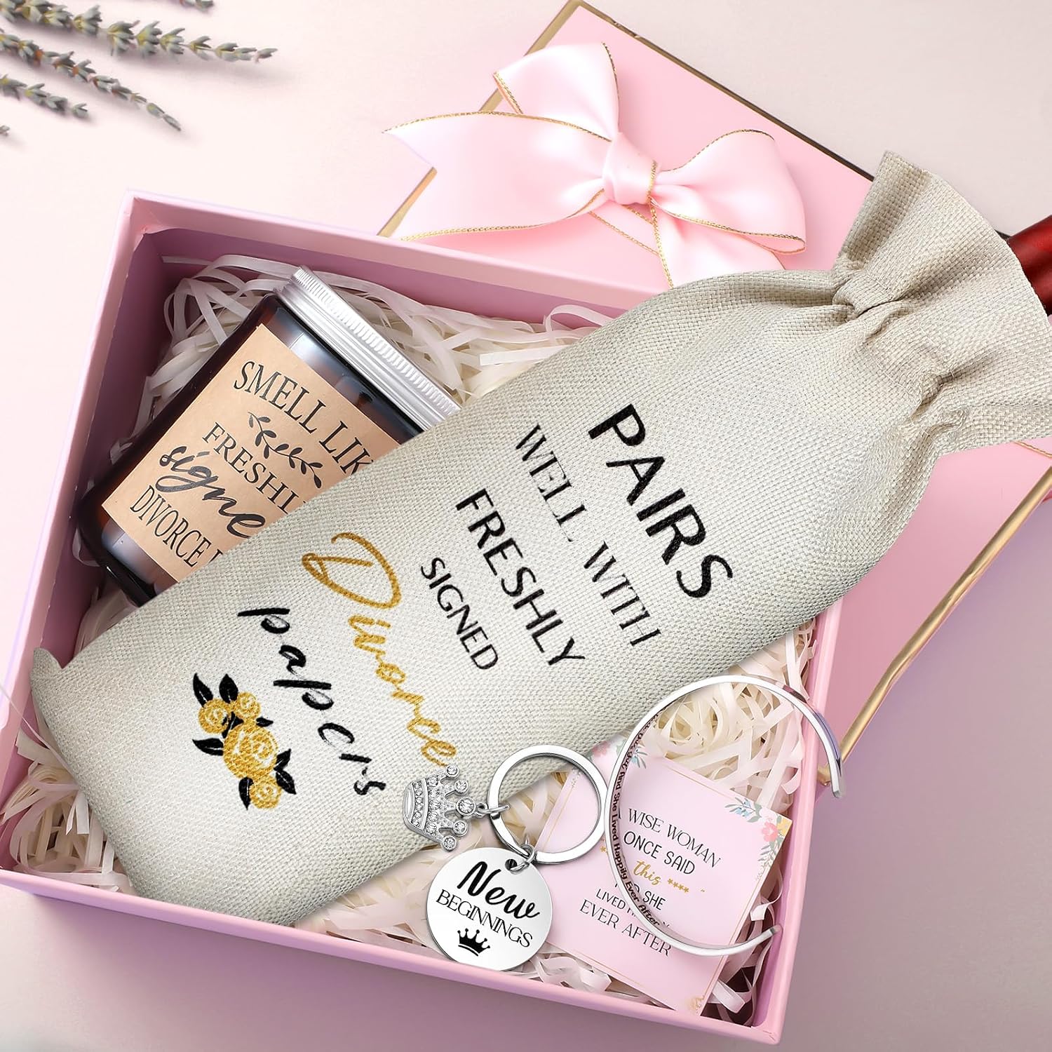 Quelay 7 Pcs Divorce Gifts Box for Women Divorce Party Gifts Breakup Candles New Beginnings Keychain Wine Bag Bracelet for Newly Divorced Woman