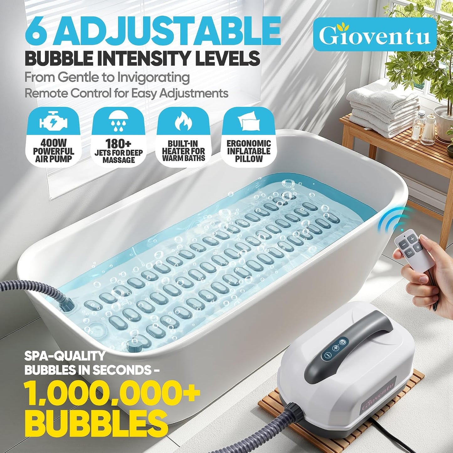 Powerful Bubble Spa Mat – Fits Most Bathtubs (Up to 101″L x 65-101″W x 33-43″H), Portable 6-Speed Bathtub Massager with Wireless Remote & Strong Suction Cups, 400W Motor, Inflatable Pillow
