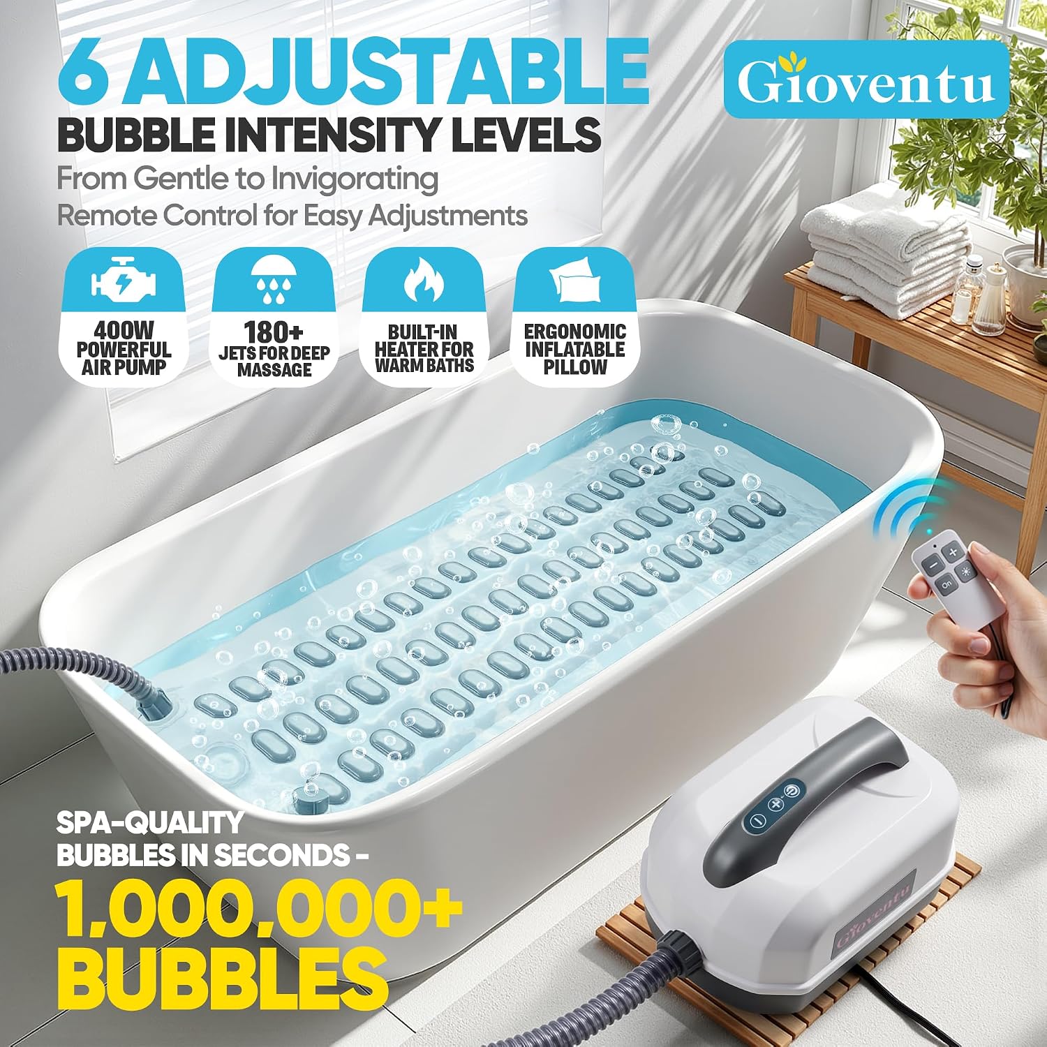 Powerful Bubble Spa Mat – Fits Most Bathtubs (Up to 101″L x 65-101″W x 33-43″H), Portable 6-Speed Bathtub Massager with Wireless Remote & Strong Suction Cups, 400W Motor, Inflatable Pillow