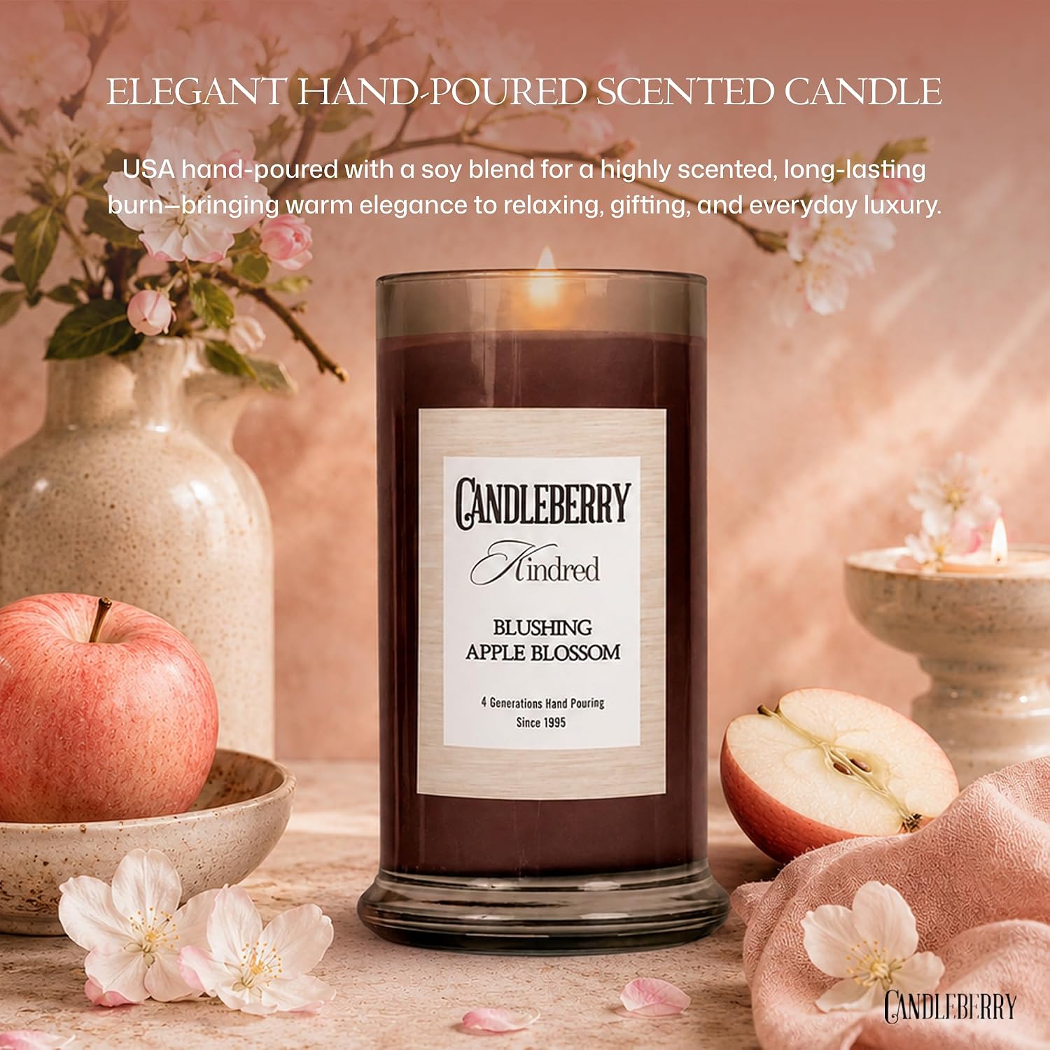 Candleberry Candles Kindred Spring Summer Collection | Luxury Glass Jar | USA Hand Poured Soy Blend Candle | Highly Scented & Long Lasting | Up to 90 Hour Burn Time (Blushing Apple Blossom)