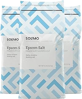 Amazon Brand - Solimo Epsom Salt Soak, Magnesium Sulfate USP, Relaxing Bath Soaking Aid, Unscented, 8 Pound, Pack of 3, Resealable Bags