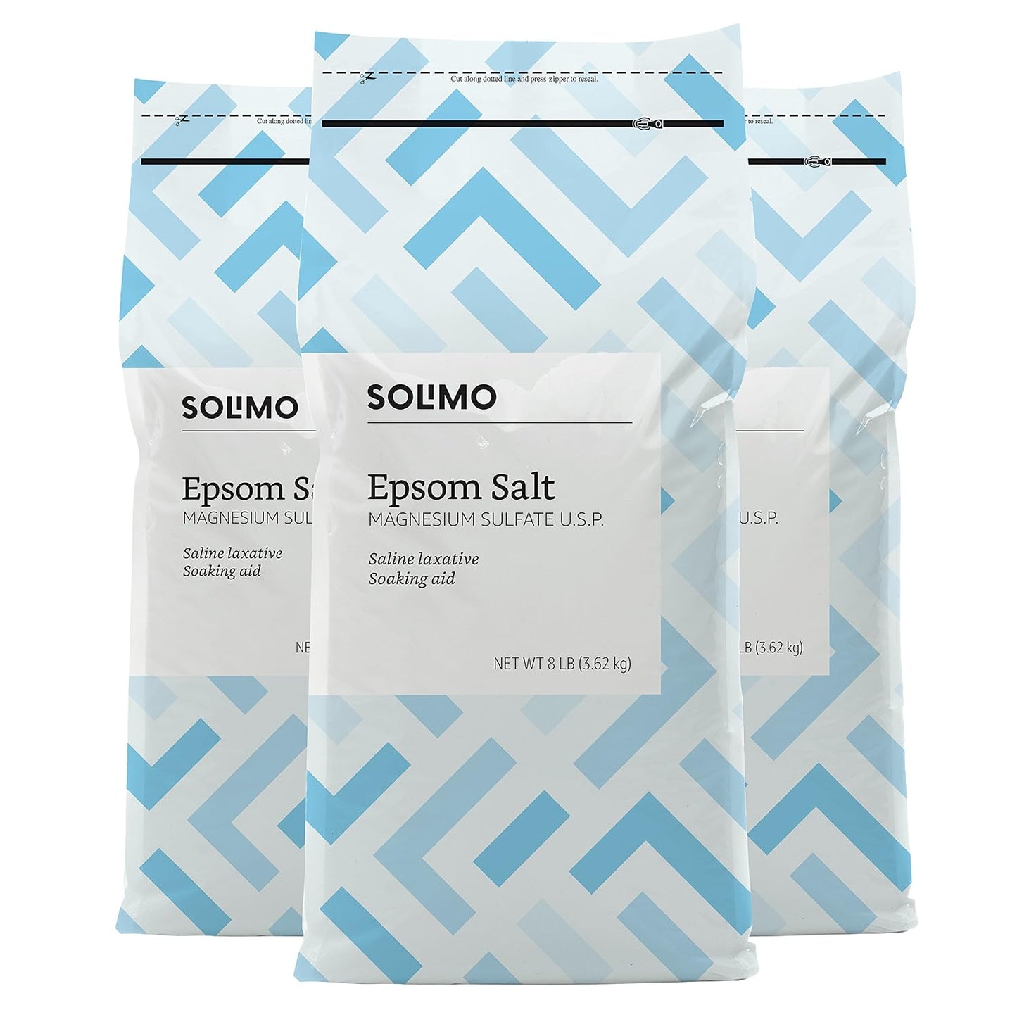Amazon Brand - Solimo Epsom Salt Soak, Magnesium Sulfate USP, Relaxing Bath Soaking Aid, Unscented, 8 Pound, Pack of 3, Resealable Bags
