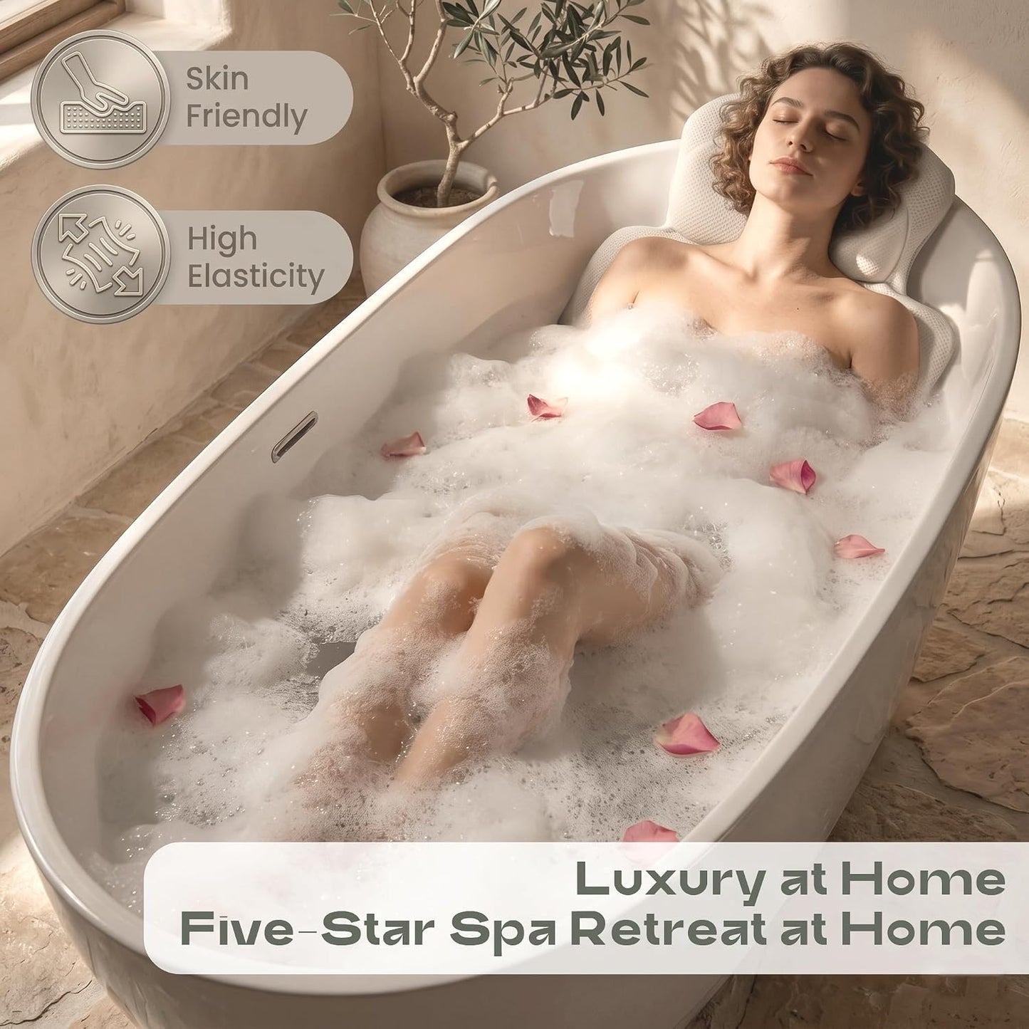 Luxury Full Body Bath Pillow for Tub - 4D Air Mesh Bathtub Cushion Mat with Extra Thick Neck, Back & Lumbar Support - Ergonomic Spa Pillow for Headrest & Shoulder Relief, Non-Slip, White