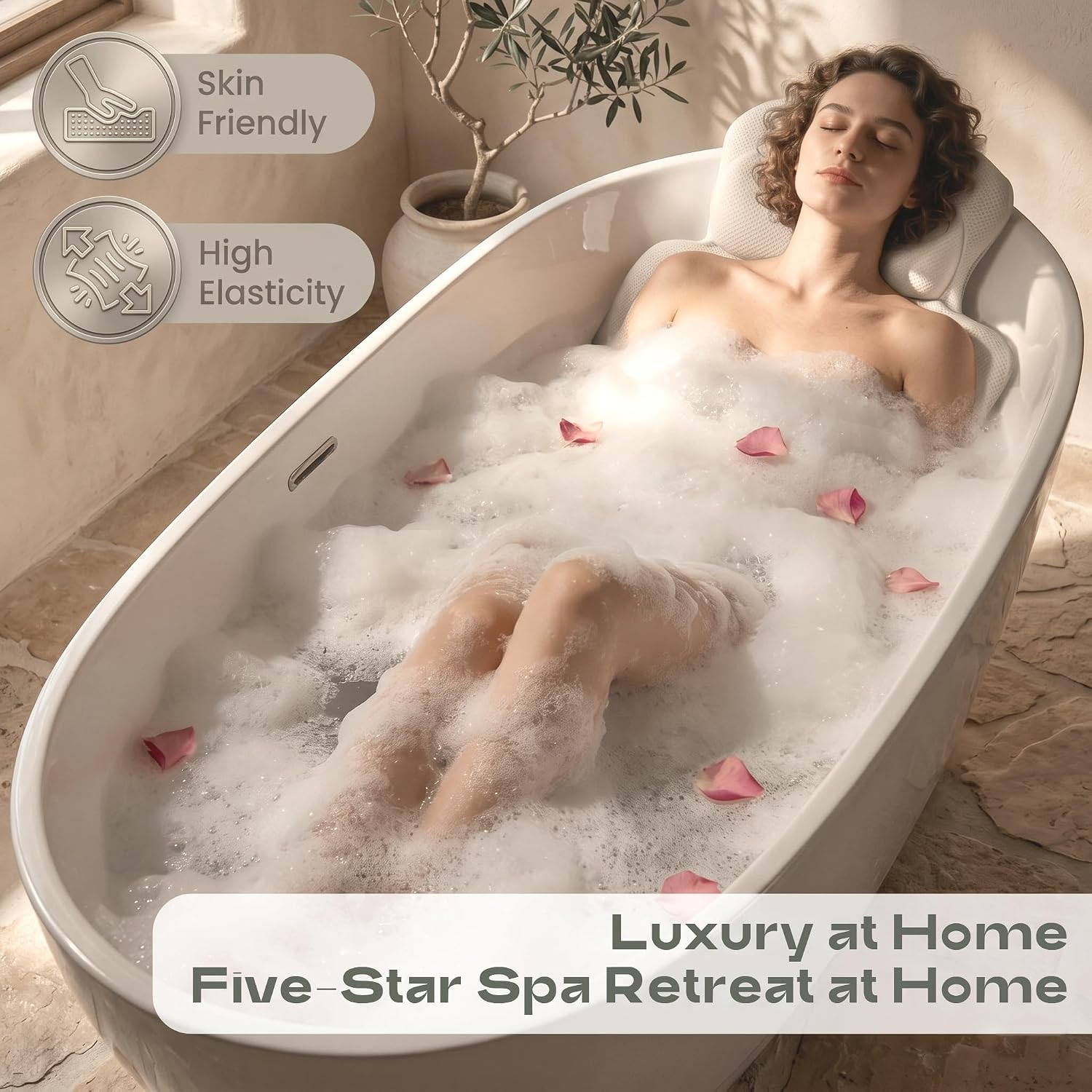 Luxury Full Body Bath Pillow for Tub - 4D Air Mesh Bathtub Cushion Mat with Extra Thick Neck, Back & Lumbar Support - Ergonomic Spa Pillow for Headrest & Shoulder Relief, Non-Slip, White