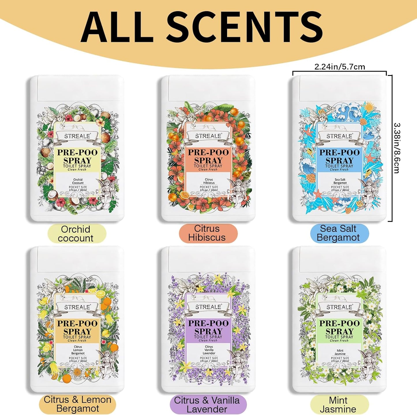 Travel Size Toilet Spray 6-Pack, Travel Essentials Toiletries, Pocket Size Pre-Poo Spray, Bathroom Odor Deodorizer, Up to 360 Uses, 6 Refreshing Scents