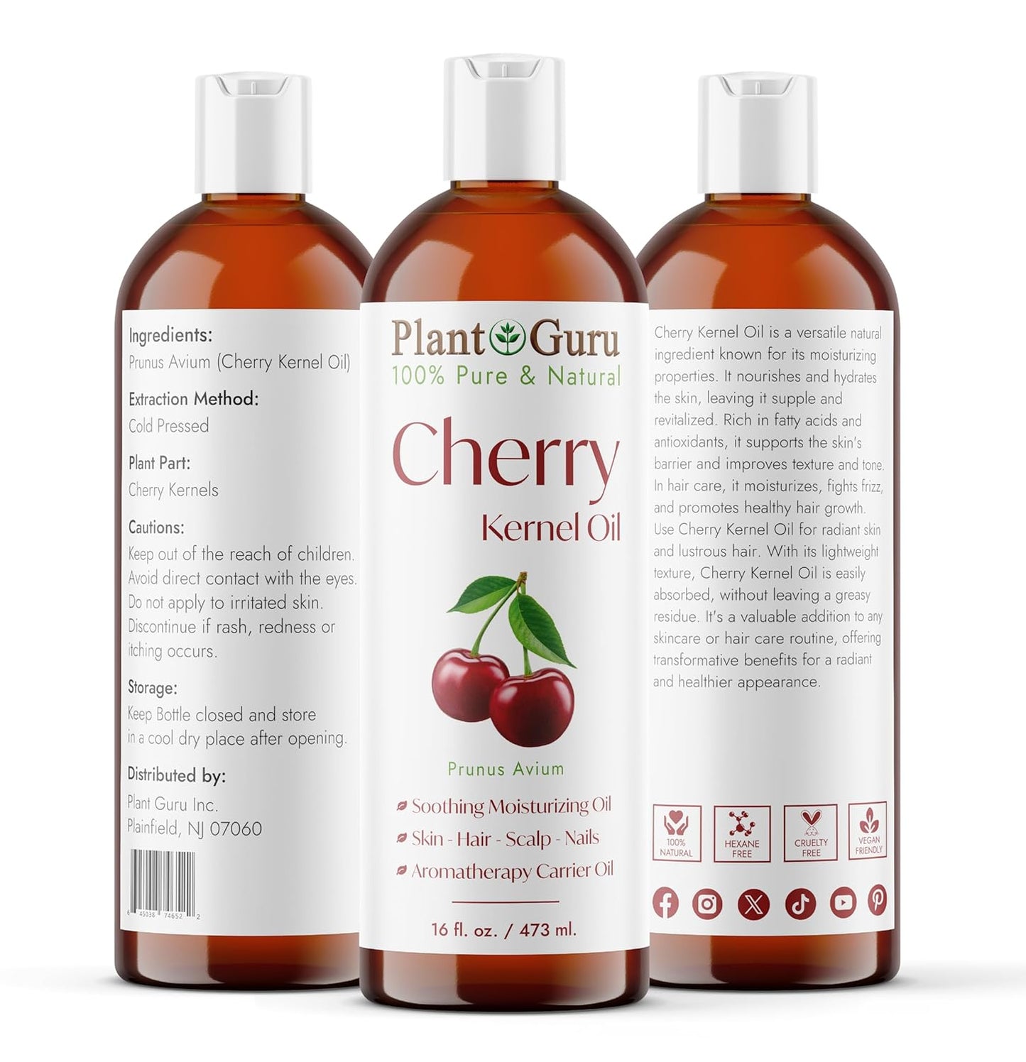 Plant Guru Cherry Kernel Oil 16 fl. oz. Cold Pressed 100% Pure & Natural Carrier – Skin, Face, Body & Hair Growth Moisturizer. Great for DIY Creams, Lotions, and Lip Balms.