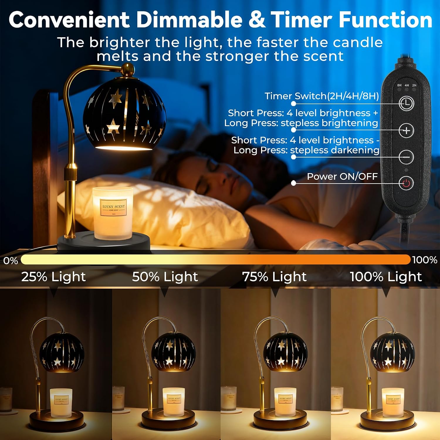 Electric Candle Warmer Lamp with Timer & Dimmer for Bedroom（Candle Not Included, Height Adjustable Candle Warmer with 2 Bulbs, Compatible with Many Sizes Candles, Warming Home Decor Gifts (Star)