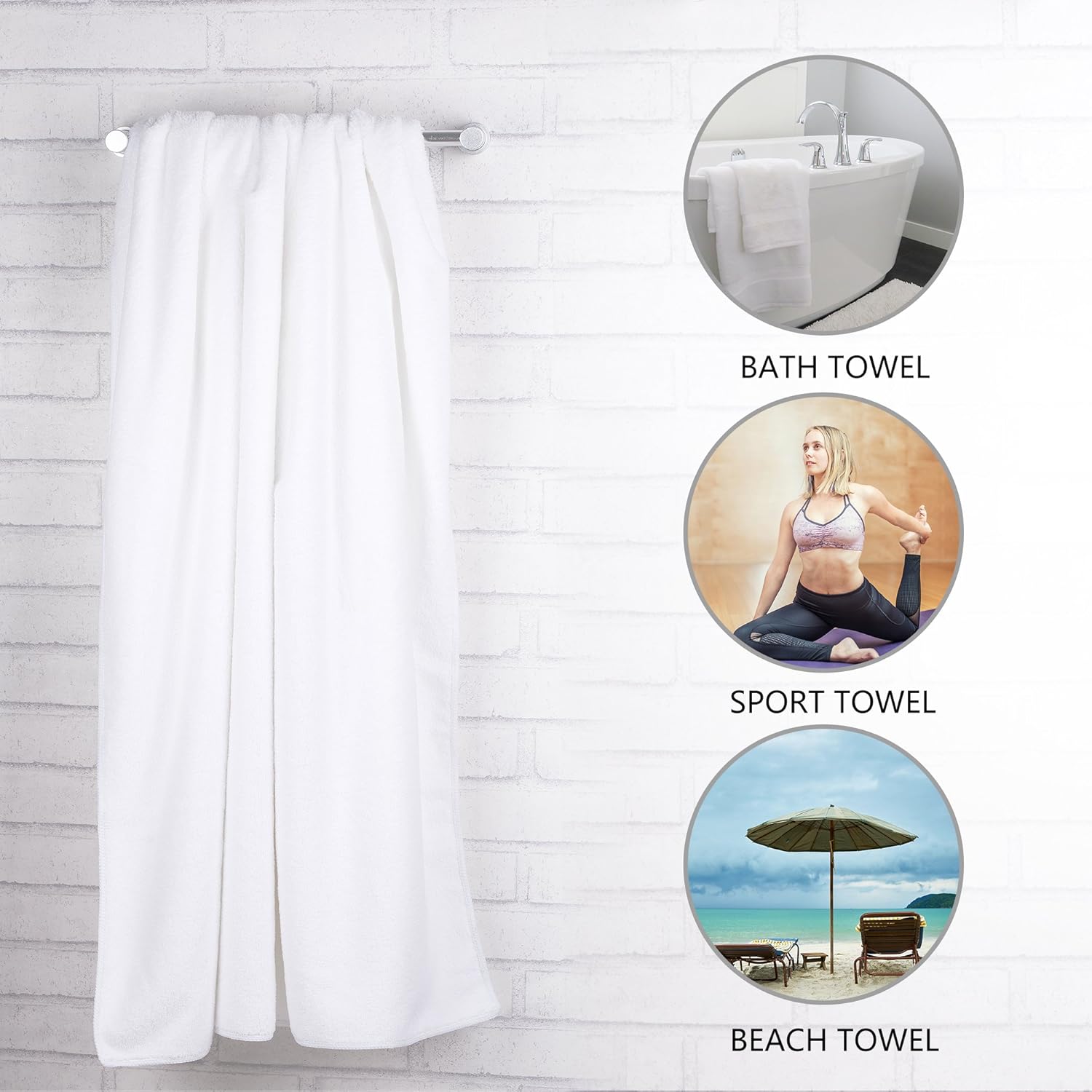 JML Large Bath Towels Set of 2, 30"x60", Oversized, Lightweight, Soft, Absorbent, Lint-Free Microfiber Fleece Bathroom Towel for Hotel Salon Sauna Spa Gym Workouts Shower Swimming Pool Yoga, White