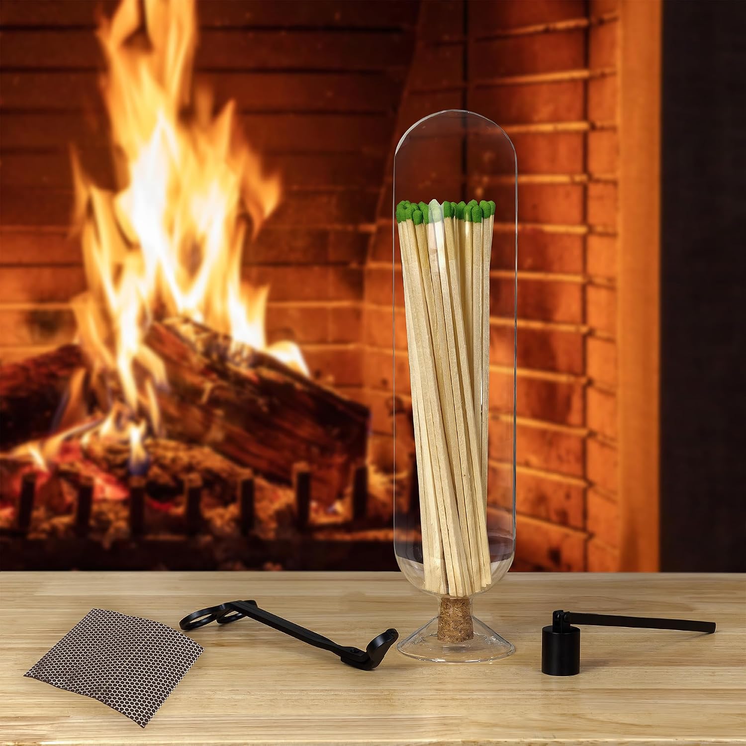 AuldHome Design Fireplace Matches Cloche Set; Jar, Striker w/Wick Trimmer and Snuffer