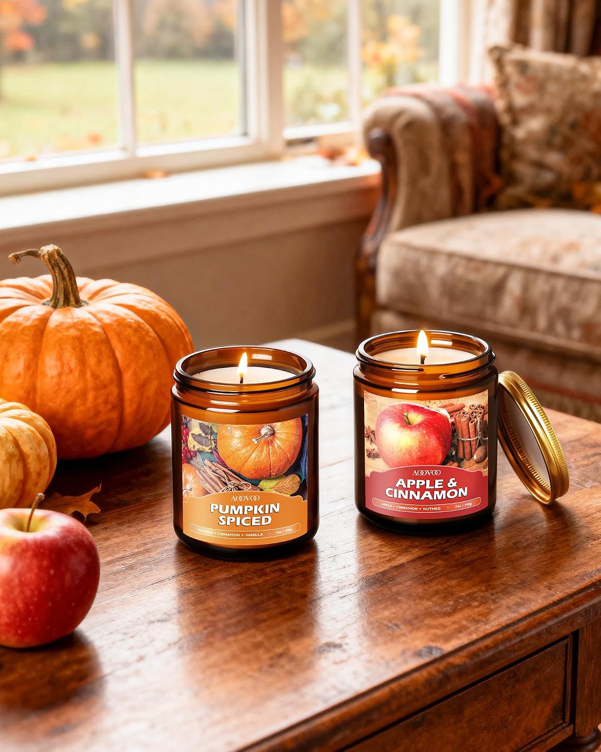 AOOVOO Fall Candles Set - 4 Pack Candles for Home Scented, 28 oz Natural Soy Wax 200 Hour Long Lasting, Autumn Gifts Set for Women Men Fall Fragrance of Pumpkin/Apple Cinnamon/Clove/Wheat Vanilla