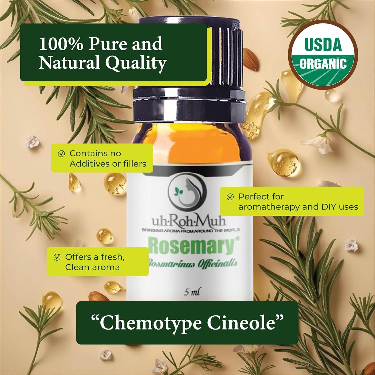 Organic Rosemary Essential Oil Chemotype Cineole | 100% Pure Steam Distilled Rosemary Oil | Fresh Herbaceous Aroma for Diffuser Aromatherapy, Massage Blends & DIY Recipes | Spain – 5ml