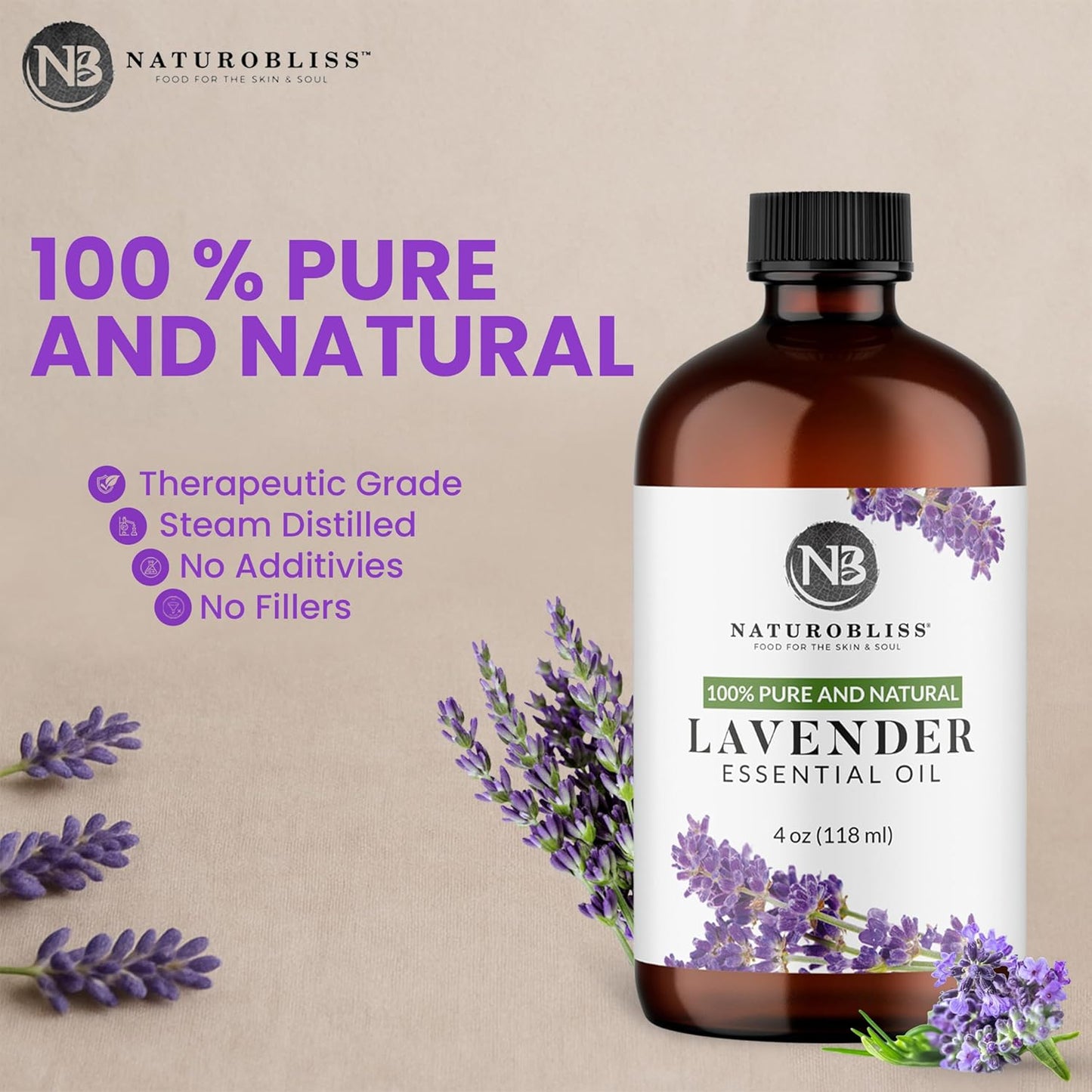 NaturoBliss Lavender Essential Oil with Glass Dropper - 100% Pure and Natural - Essential Oils for Diffuser, Aromatherapy, Soap and Candle Making, Lavender Essential Oil Pure, Lavender Oil, 4 Fl Oz