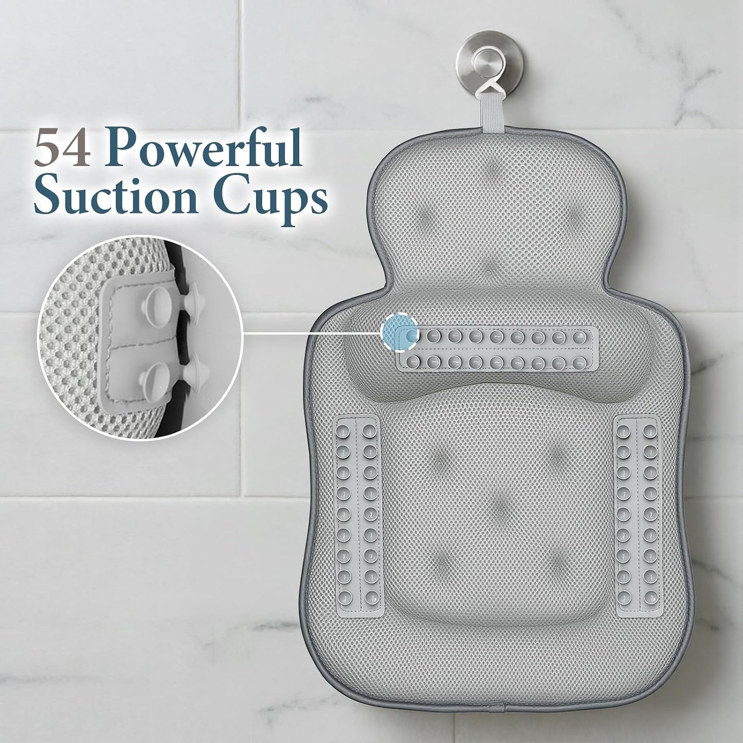 Bath Pillows for Tub, Skin Friendly Bathtub Cushion for Head and Neck with Soft 5D Mesh Fabric and 54 Non-Slip Suction Cups, Relaxing Tub and Shower Accessories Spa Gift (Dark Gray, Standard)