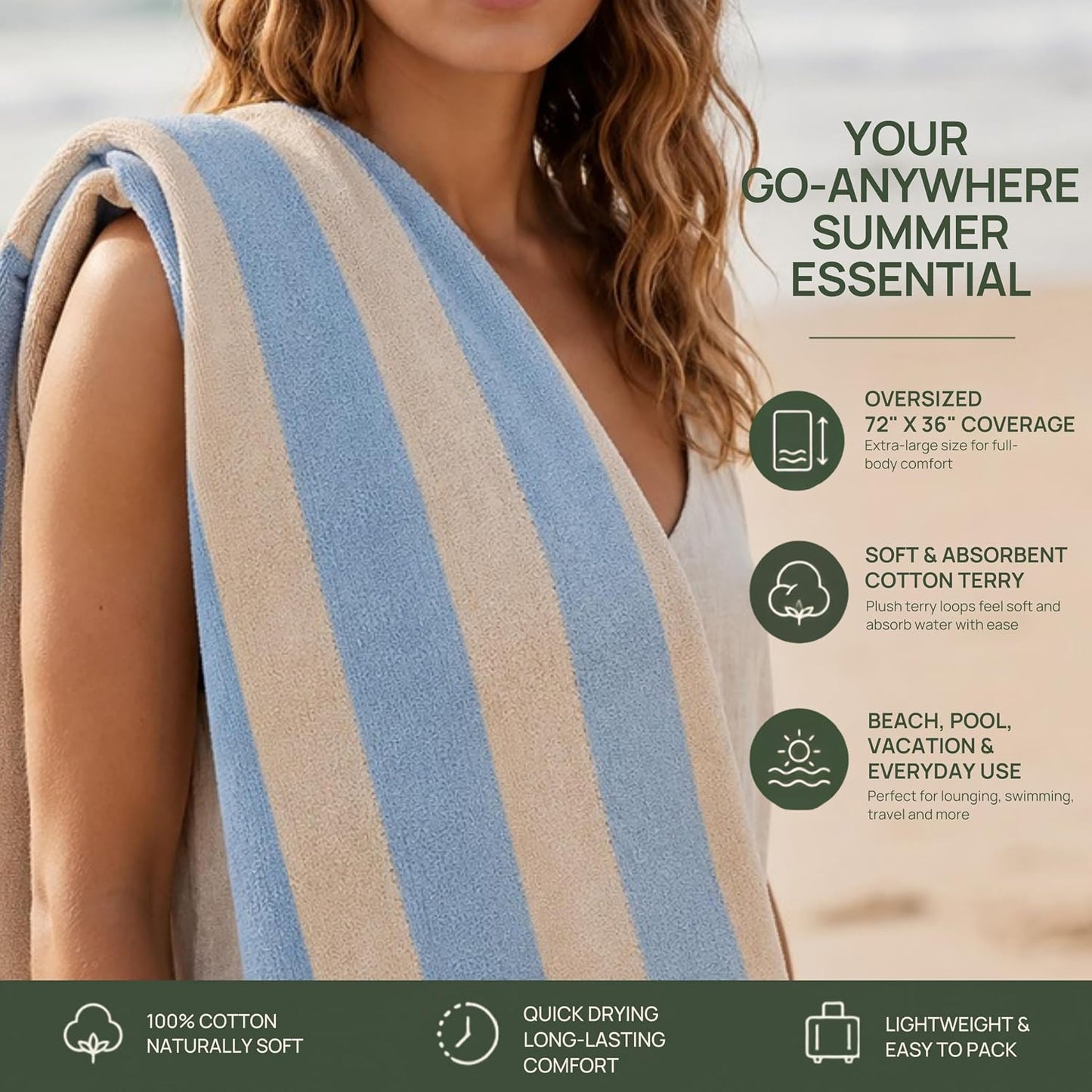 100% Cotton Cabana Beach Towel (Set of 6, Sky Blue) - 30" x 60" Large, Plush, Striped Towels - Quick Dry, Absorbent & Sand Resistant Beach Towels for Travel, Vacation, Pool, Spa, Bathroom